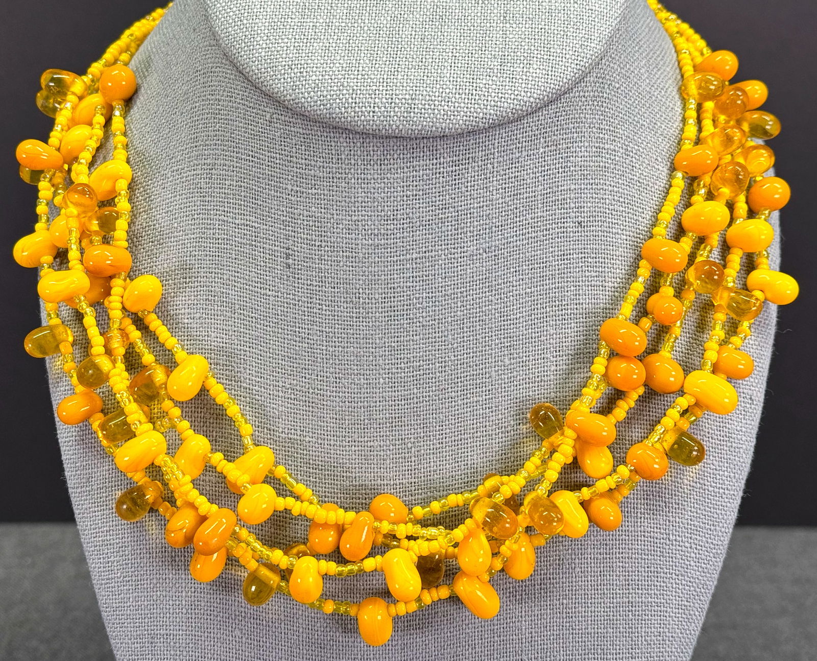 Vintage boho assorted yellow glass beads 5 strands choker necklace (1 of 5)