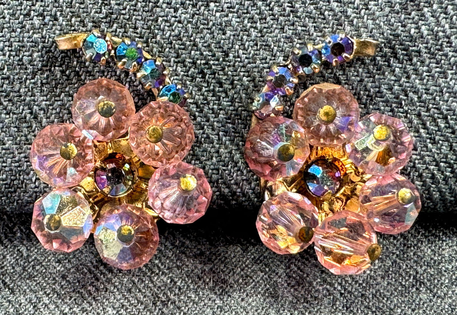 Vintage AB & rose crystals goldtone flower clip earrings (1 of 6)
