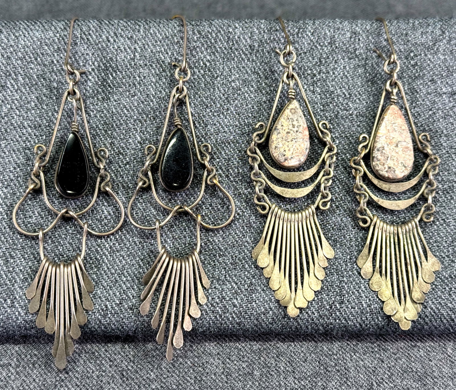 Vintage boho ethnic style hand crafted assorted stone dangles silvertone tassel hook earrings (1 of 8)