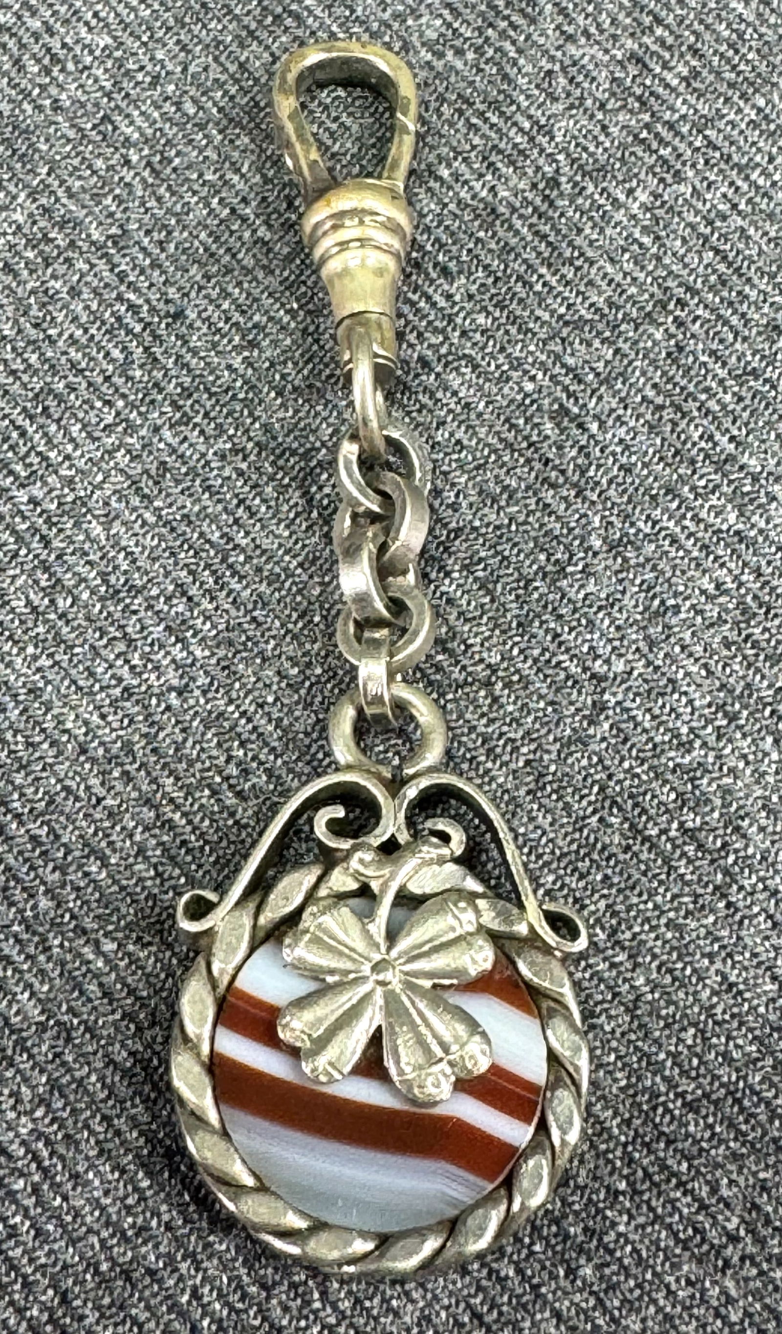 Antique agate stone silvertone metal swivel hook double sided flower fob. (1 of 9)