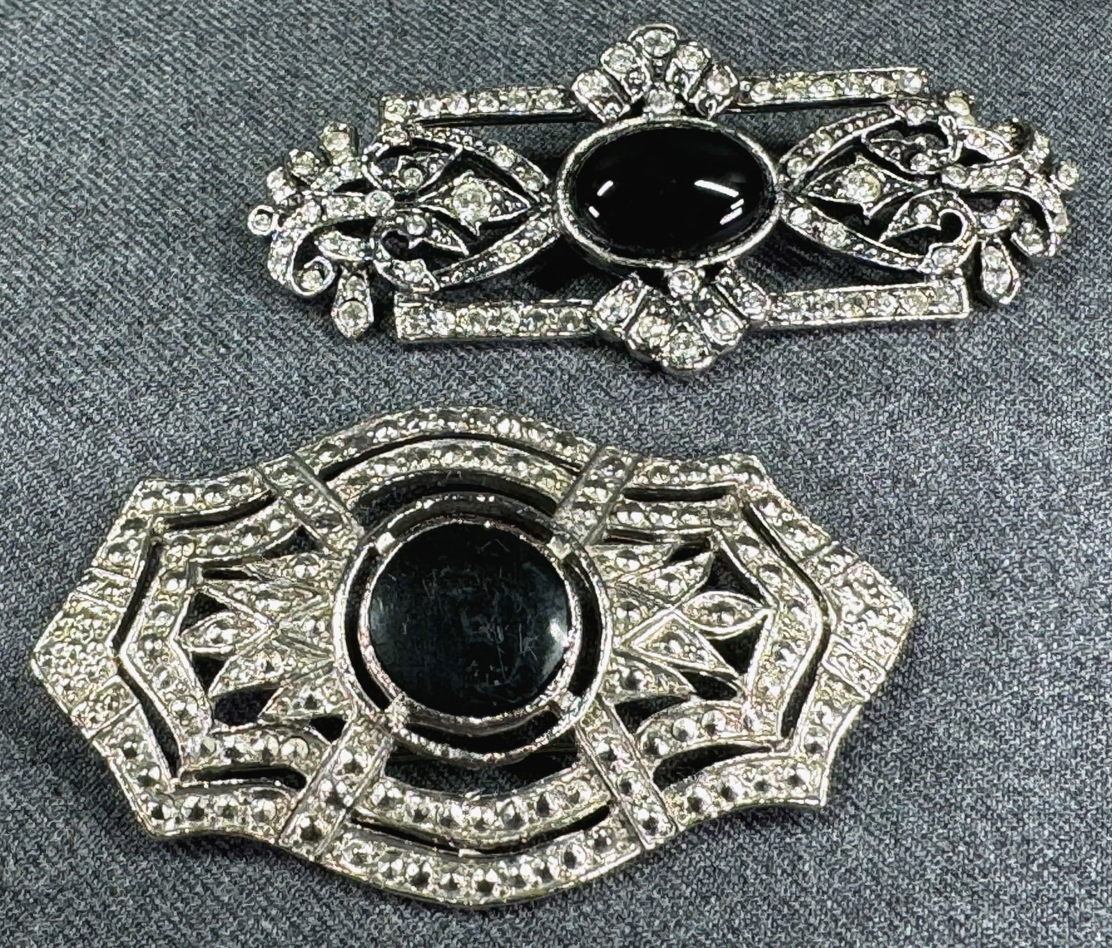 Art deco style black enamel & glass cab with clear rhinestones silvertone metal large pin brooches (1 of 8)