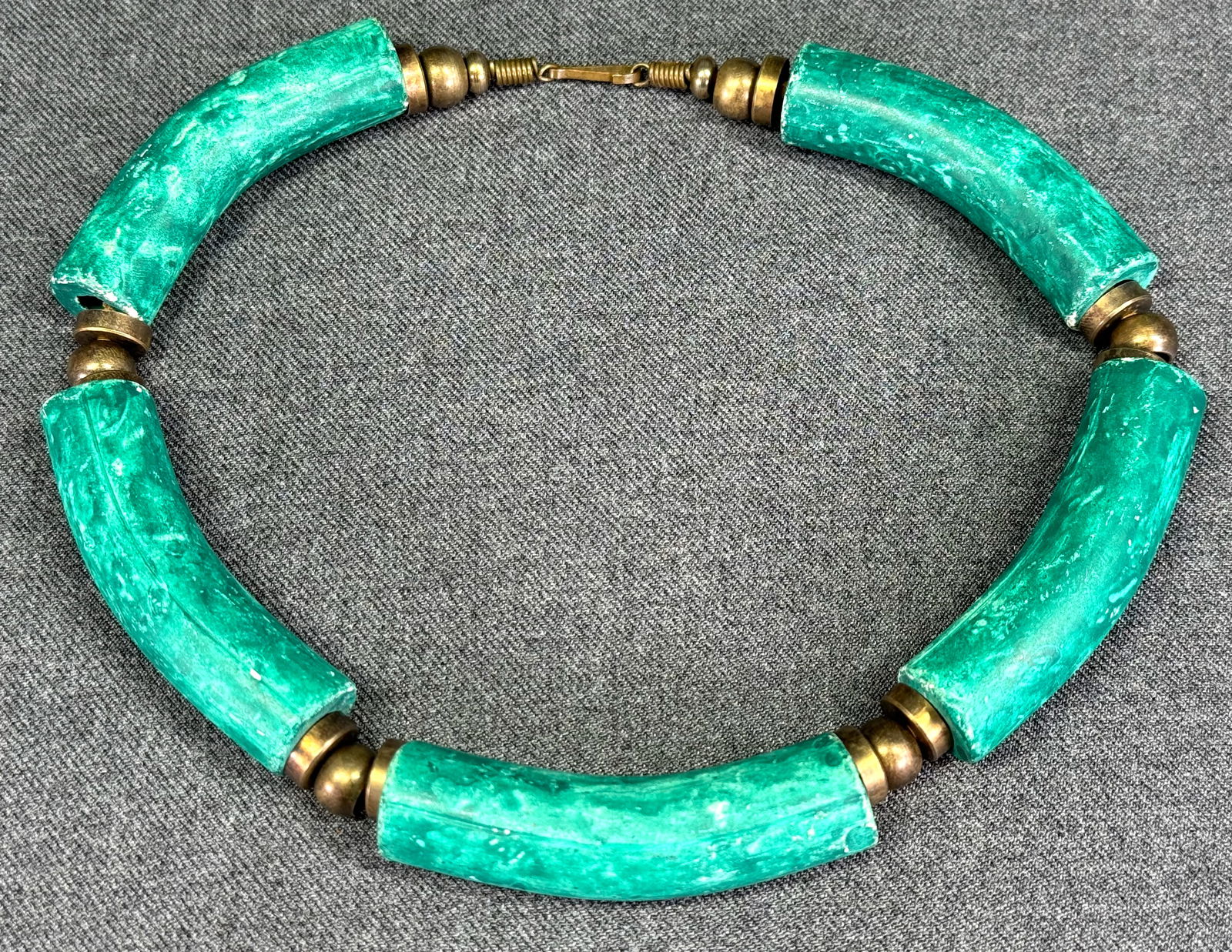 Vintage artisan boho green aqua hand painted pottery solid brass leather string choker necklace. (1 of 7)