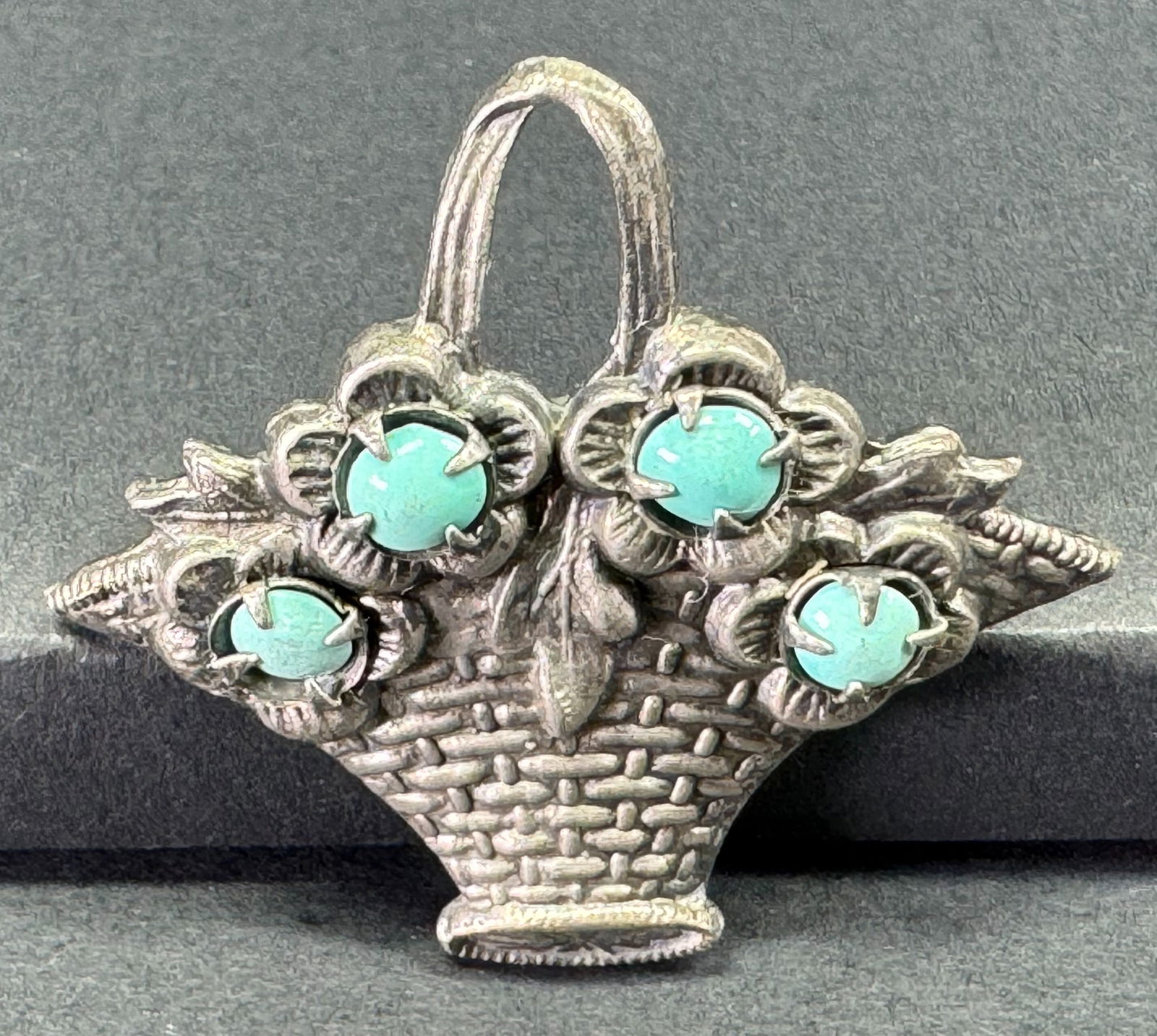 Vintage Chinese export turquoise cabs silvertone metal basket with flowers pin brooch. (1 of 7)