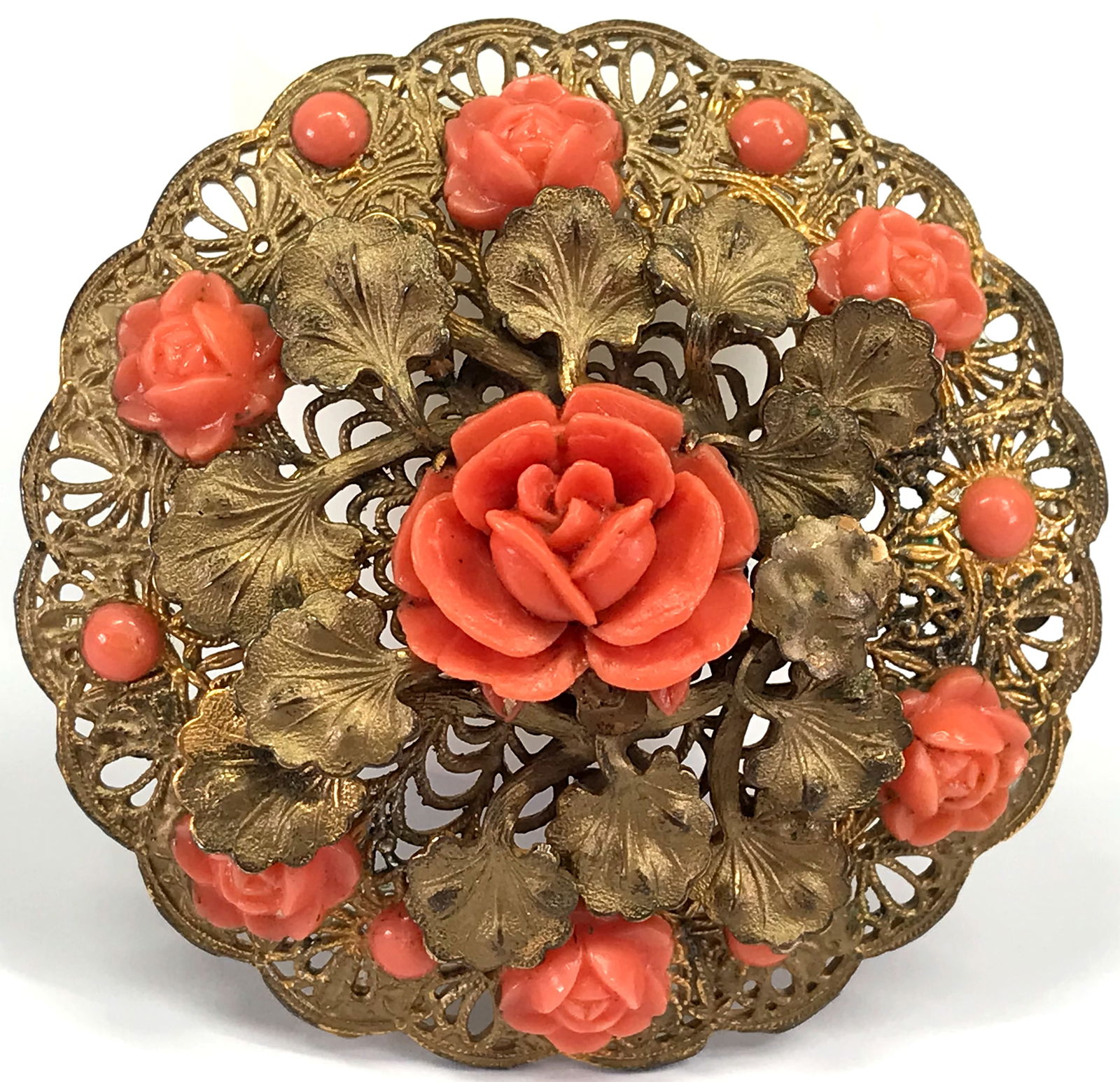 Vintage coral color celluloid flowers filigree goldtone large brooch. (1 of 6)