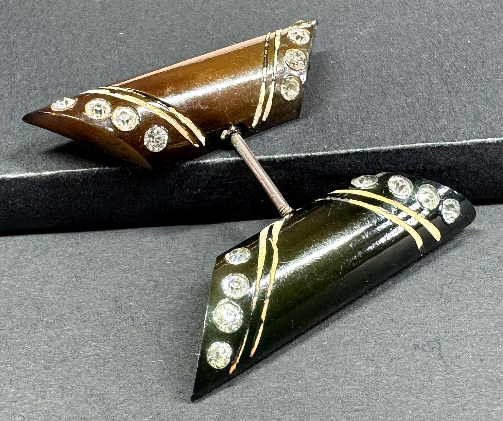 Vintage art deco encrusted clear rhinestones black & brown celluloid bow shaped jabot pin. (1 of 6)