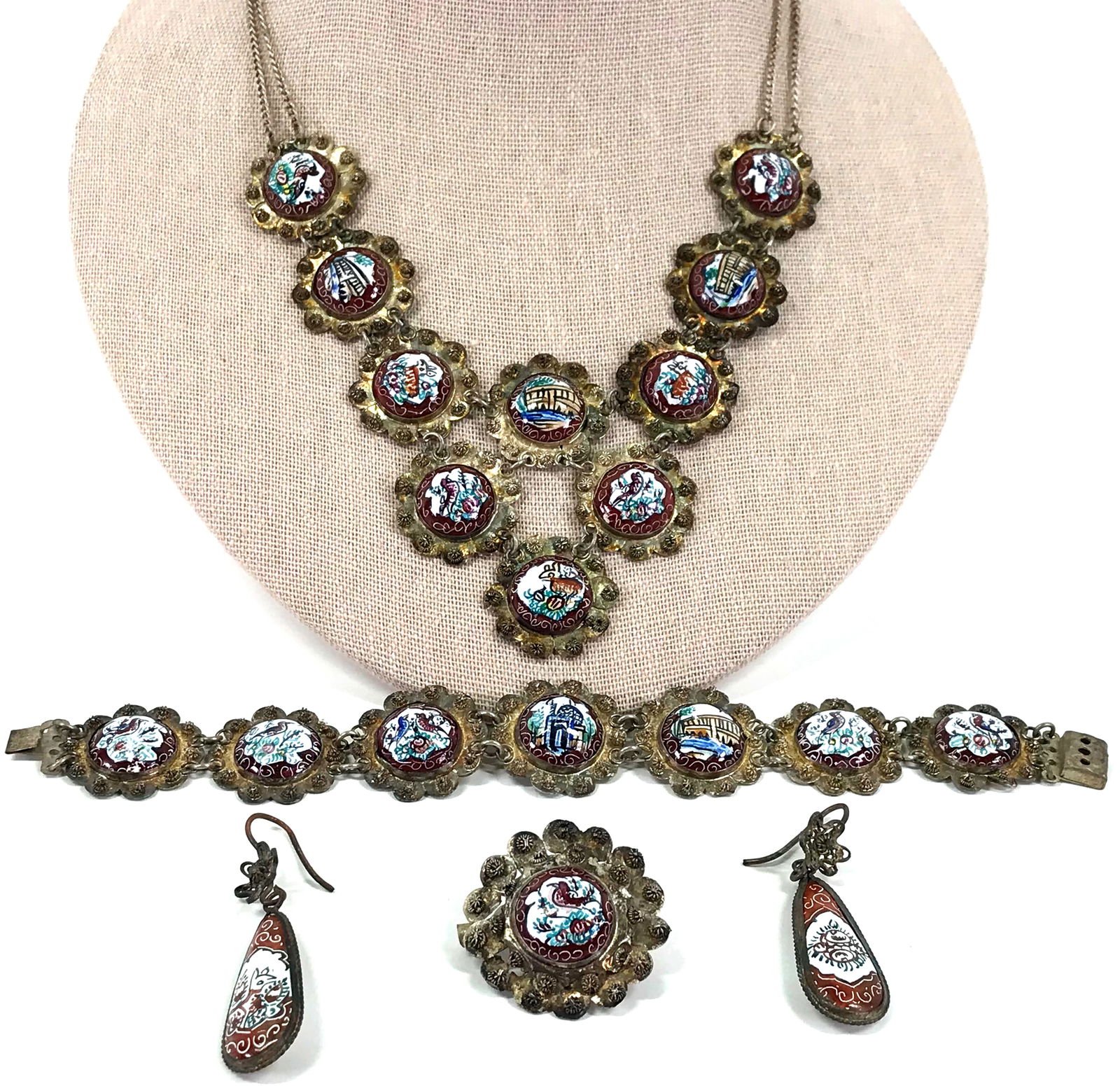 Vintage Hand Painted Enamel Silver Persian Story Bib Necklace Bracelet Brooch & Earrings (1 of 20)