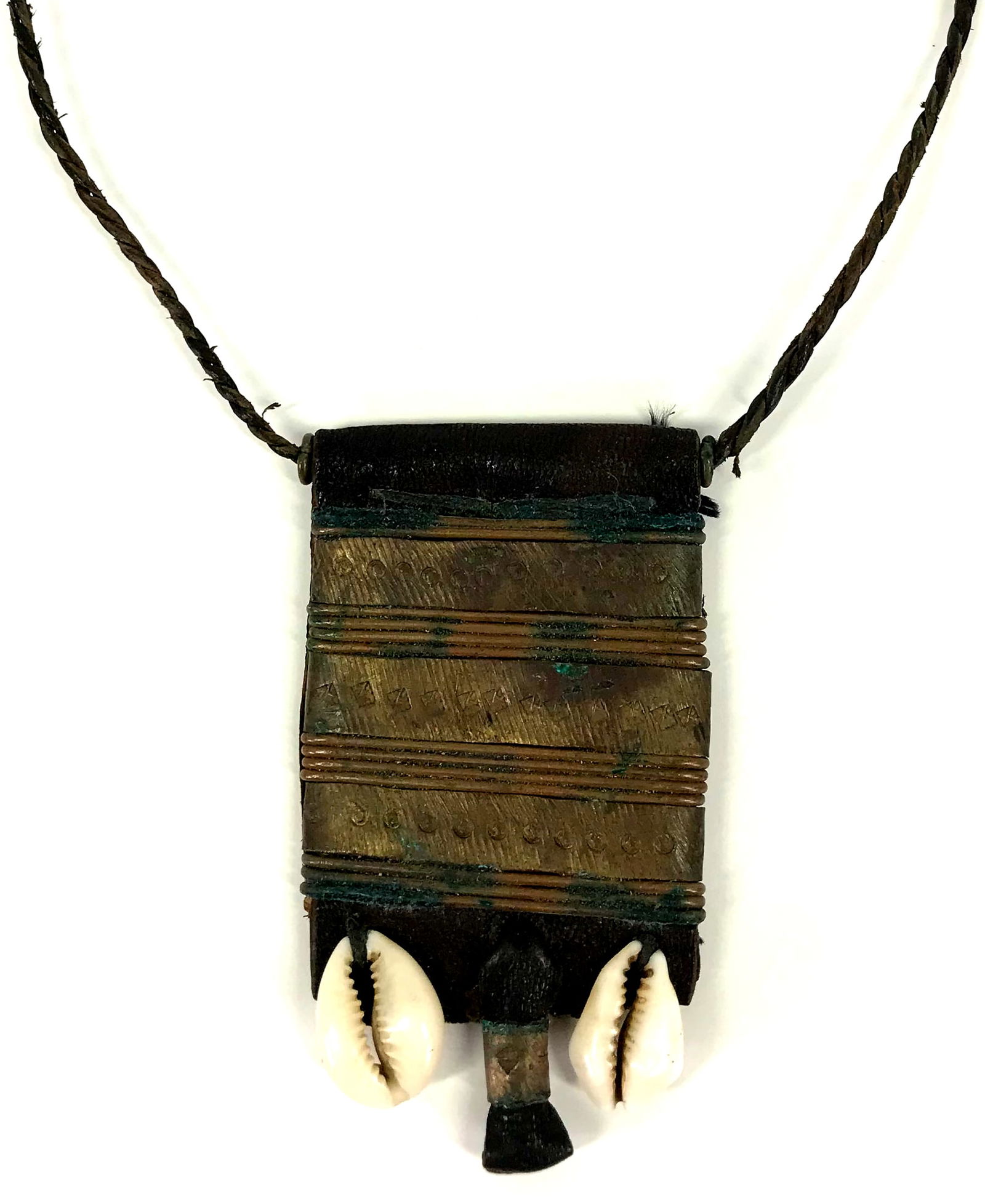 African Tuareg Amulet Necklace. Leather, brass, cowrie shell. (1 of 14)