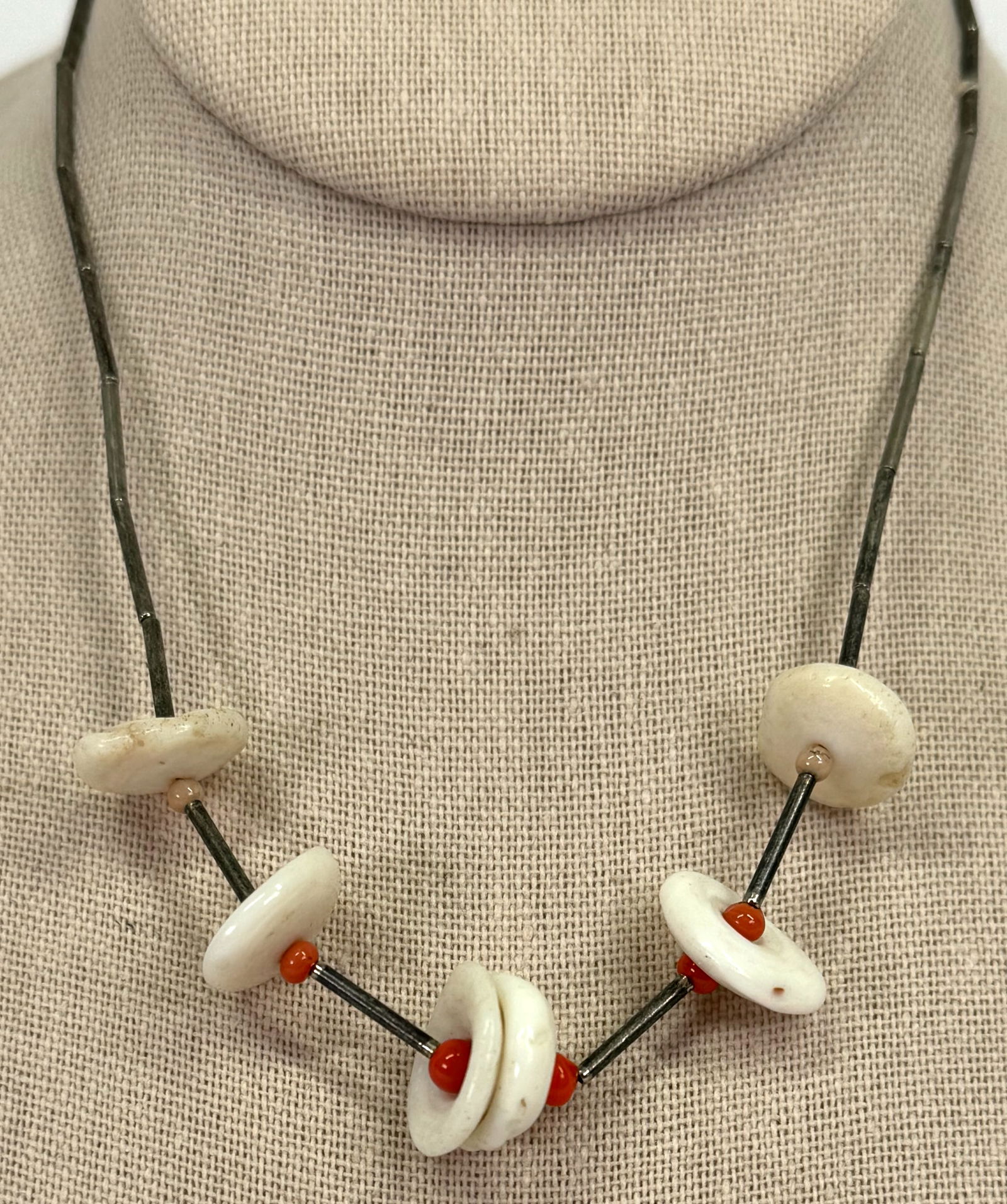 Vintage Southwestern style puka shell, orange oyster shell & liquid silver beaded necklace. (1 of 5)