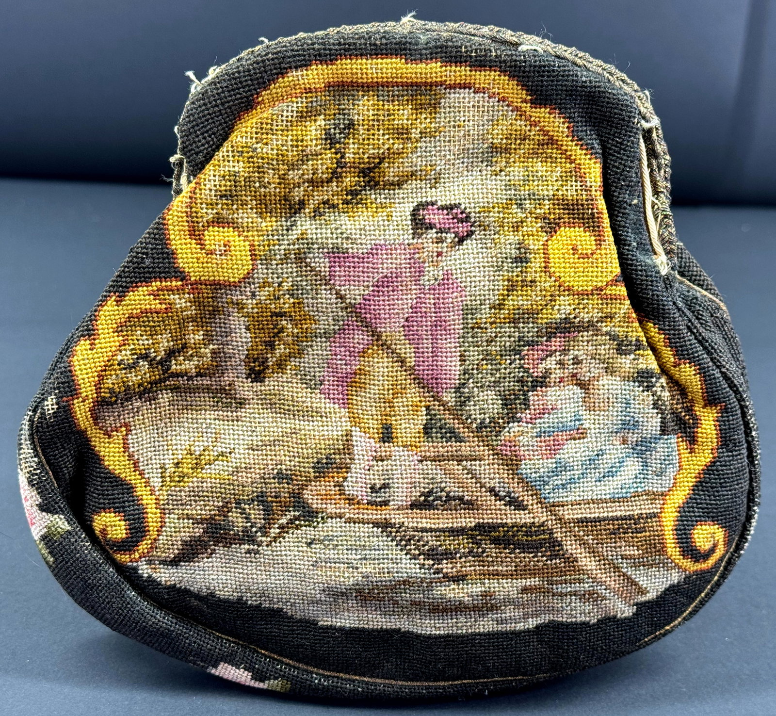 Antique figural boating day & flowers on back hand embroidered petit point bag for purse making. (1 of 11)