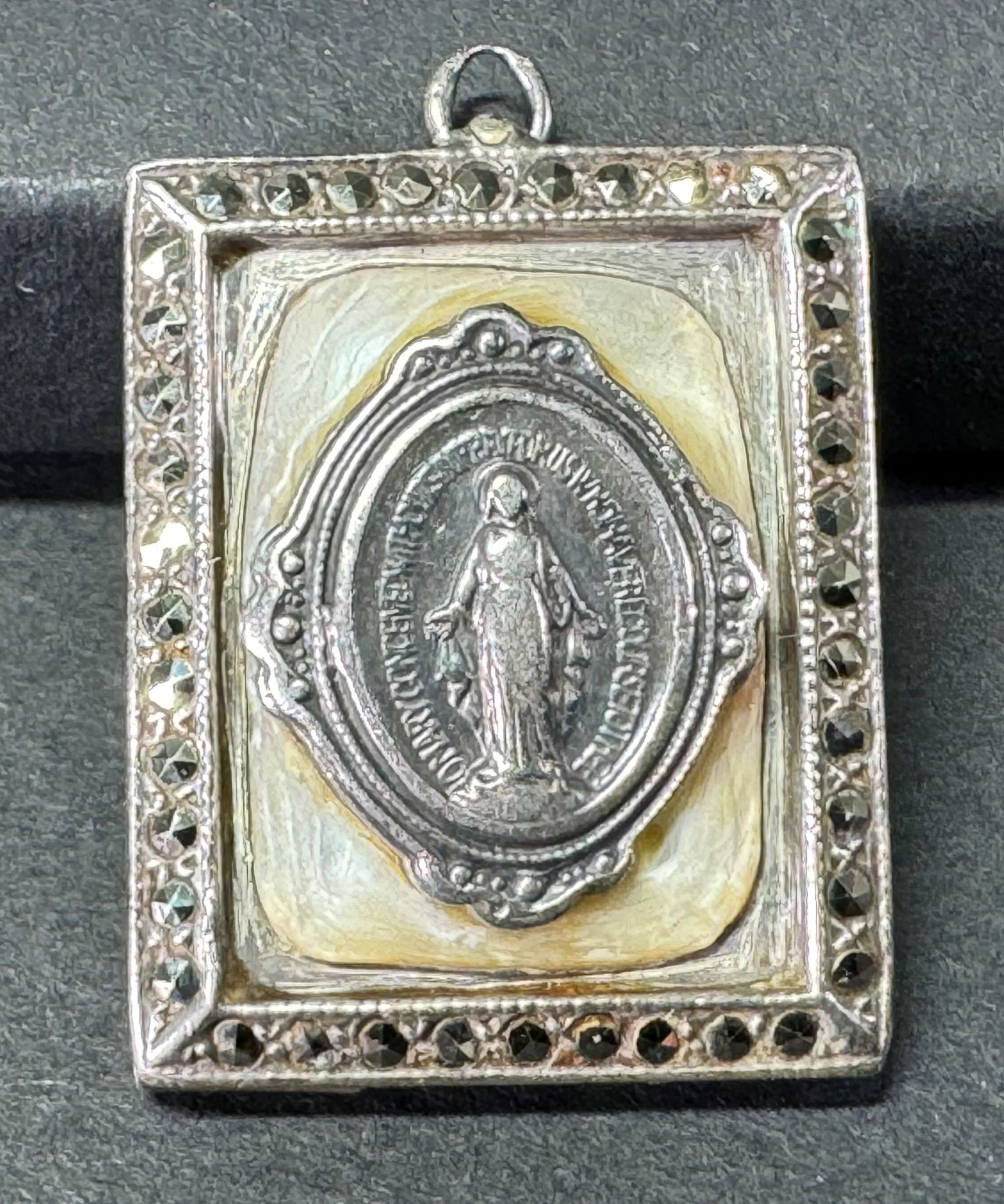 Vintage Theda sterling Mary immaculate conception MOP marcasites silver locket pendant. (1 of 8)