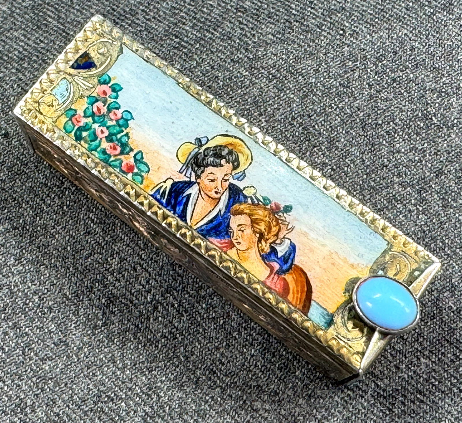Vintage Italian enamel courting scene engraved silver flip case with mirror lipstick holder. (1 of 19)
