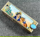 Vintage Italian enamel courting scene engraved silver flip case with mirror lipstick holder.