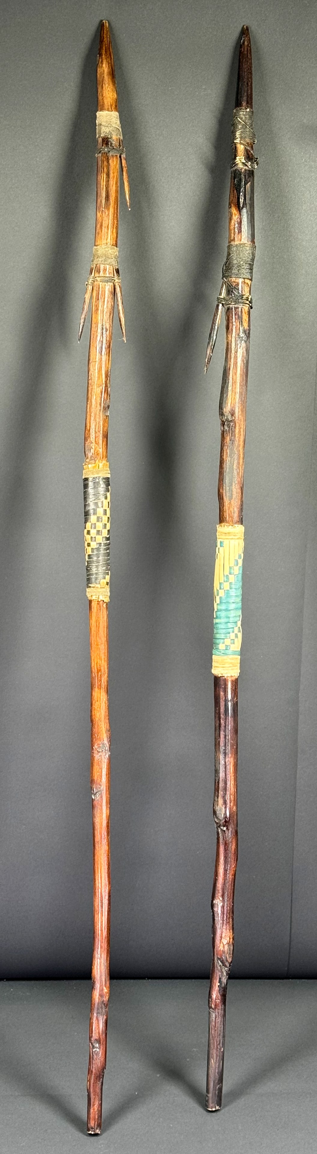 Two Solomon Islands Barbed Spear. Wood, fiber, cord.  They measure 34 3/4 inches and 34 1/2 inches (1 of 8)