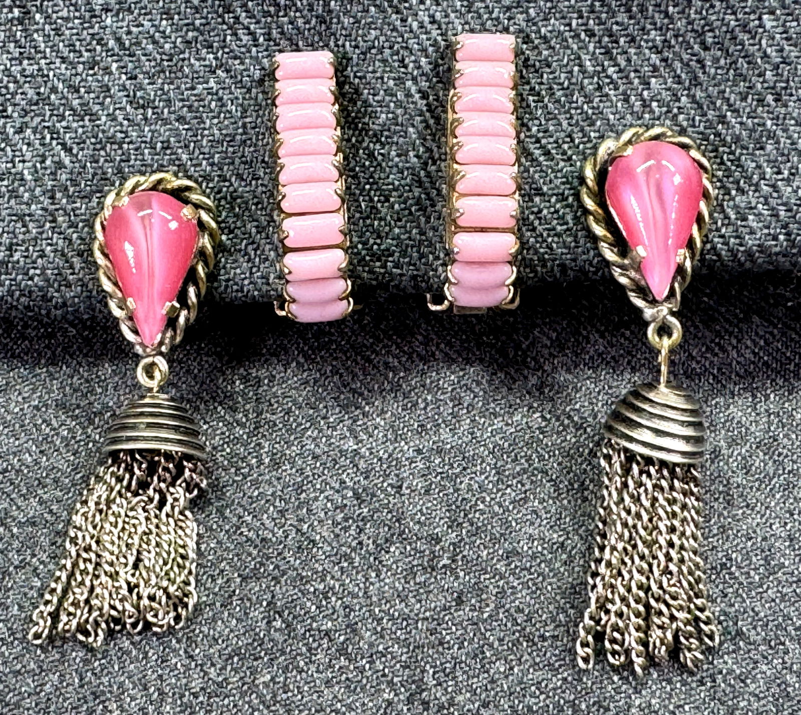 Vintage Kramer style lavender glass clip on and raspberry with tassel screw back earrings (1 of 8)