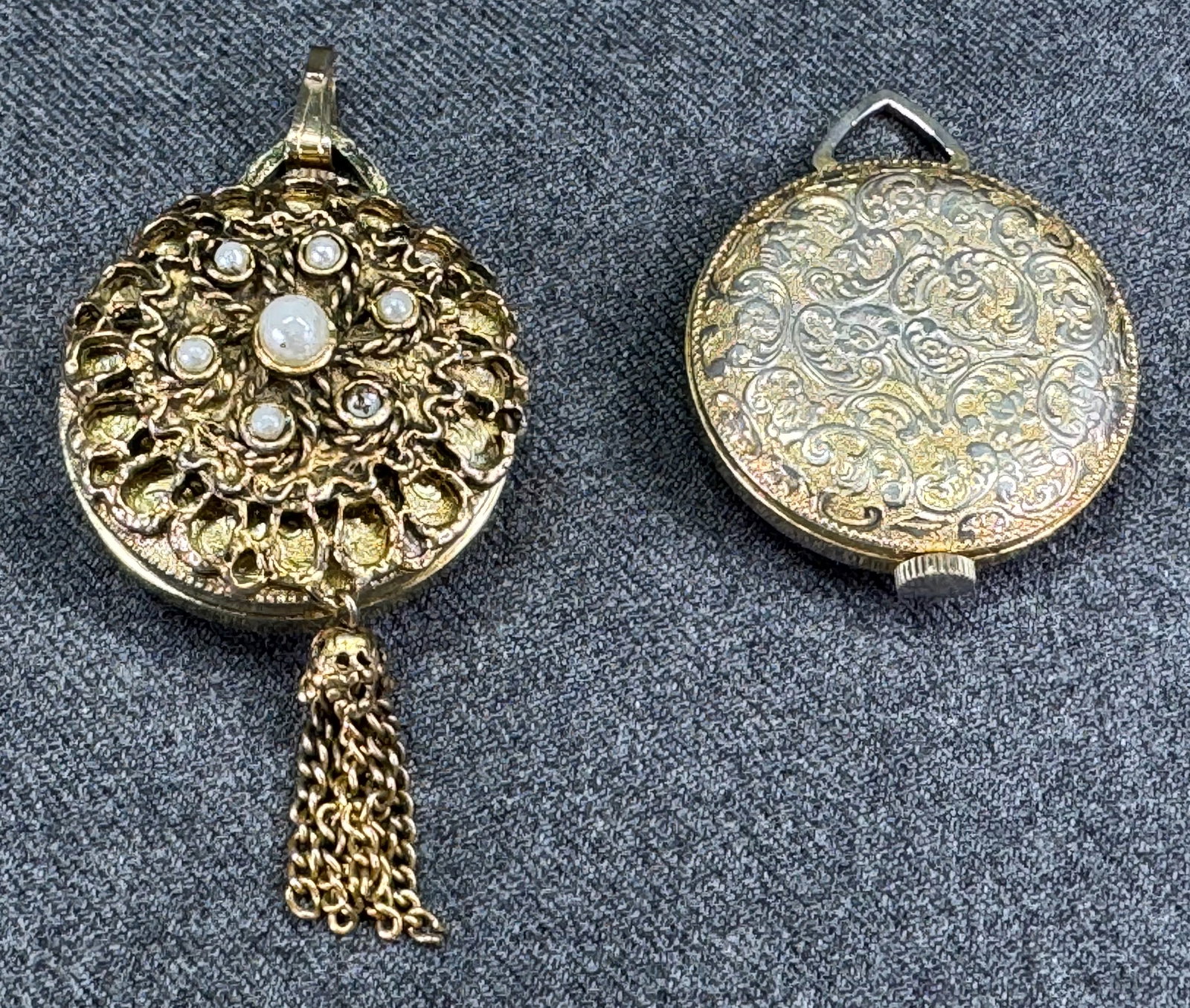 Vintage Lucerne Swiss Manual Wind Gold Tone Mechanical Pendant Watches. Lot of 2 for repair: Vintage Lucerne Swiss Manual Wind Gold Tone Mechanical Pendant Watches. Lot of 2 for repair. For measures please refer to the pictures taken with a measuring tape. Weight: 60 Grams. This is a NO RESER
