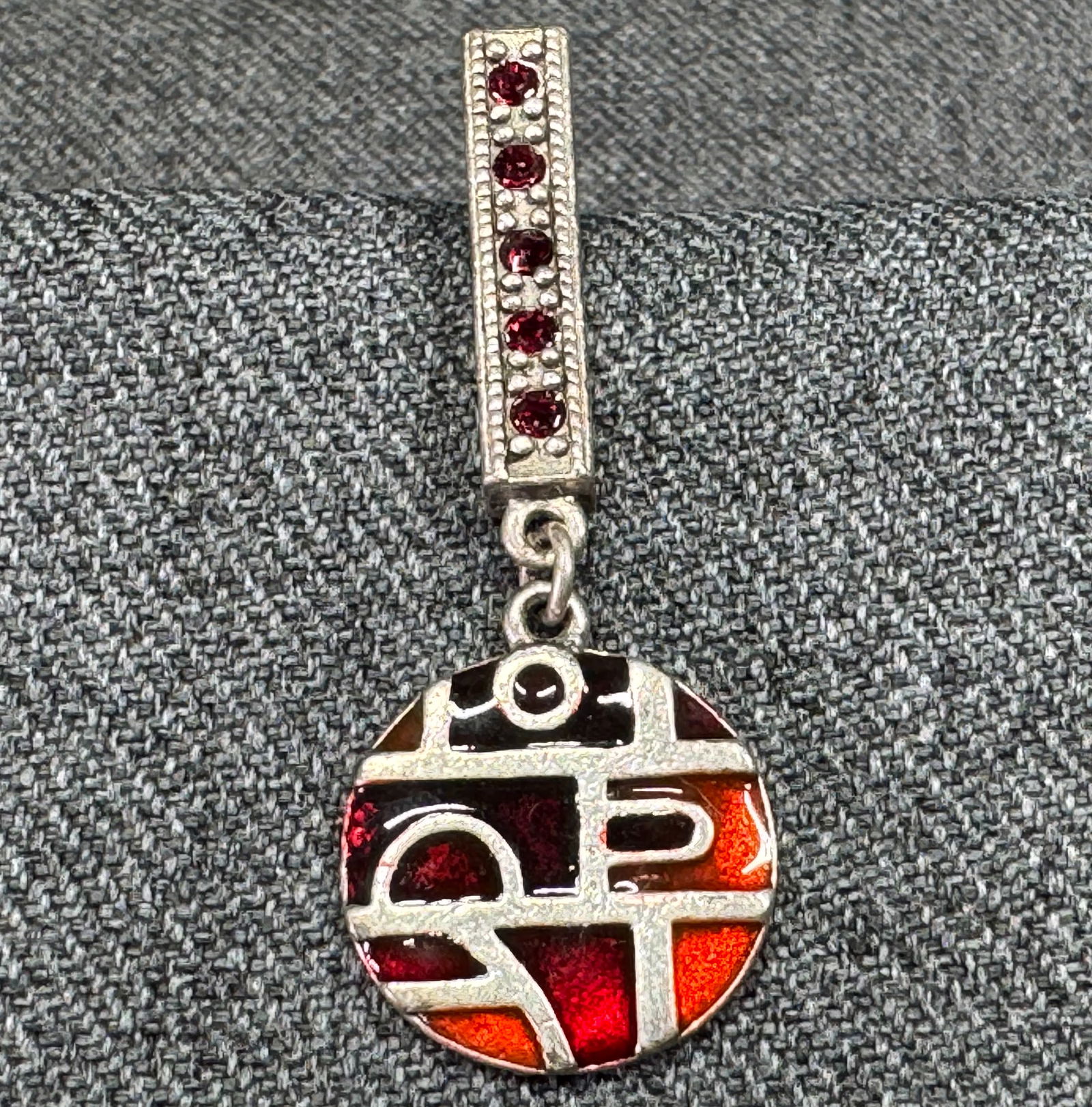 Vintage 70s style red rhinestones with enamel medal dangle silvertone pendant (1 of 7)
