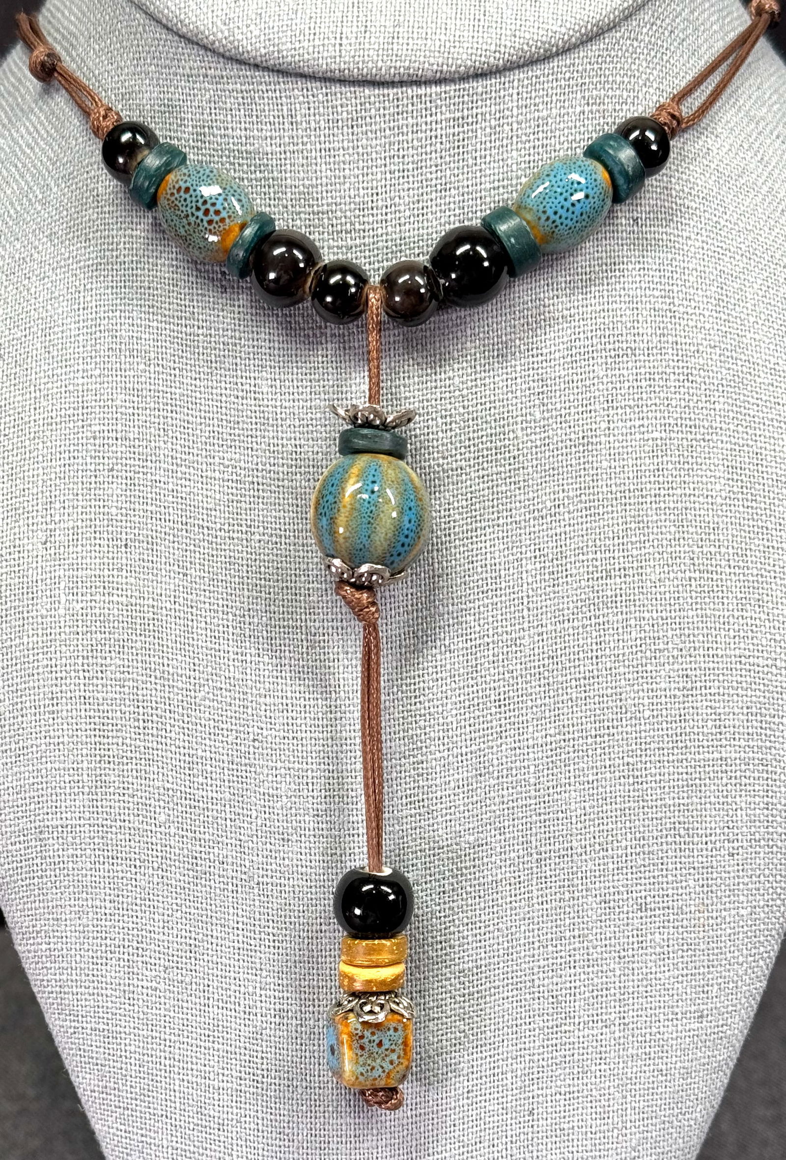 Vintage boho artisan high fired pottery, glass, metal, coconut beads sliding cord necklace (1 of 7)