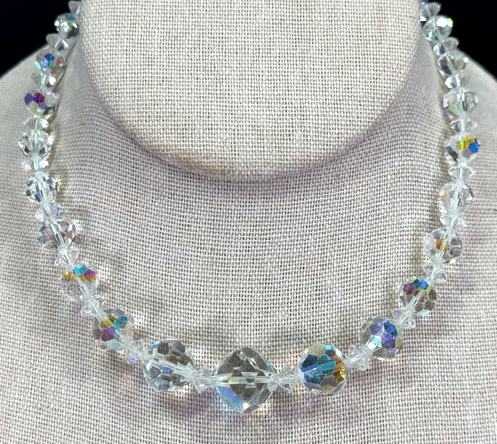 Vintage AB crystals beaded choker necklace: Vintage AB crystals beaded choker necklace. Goldtone clasp. Unmarked. For measures please refer to the pictures taken with a measuring tape. Weight: 28 Grams. This is a NO RESERVE AUCTION: there are n