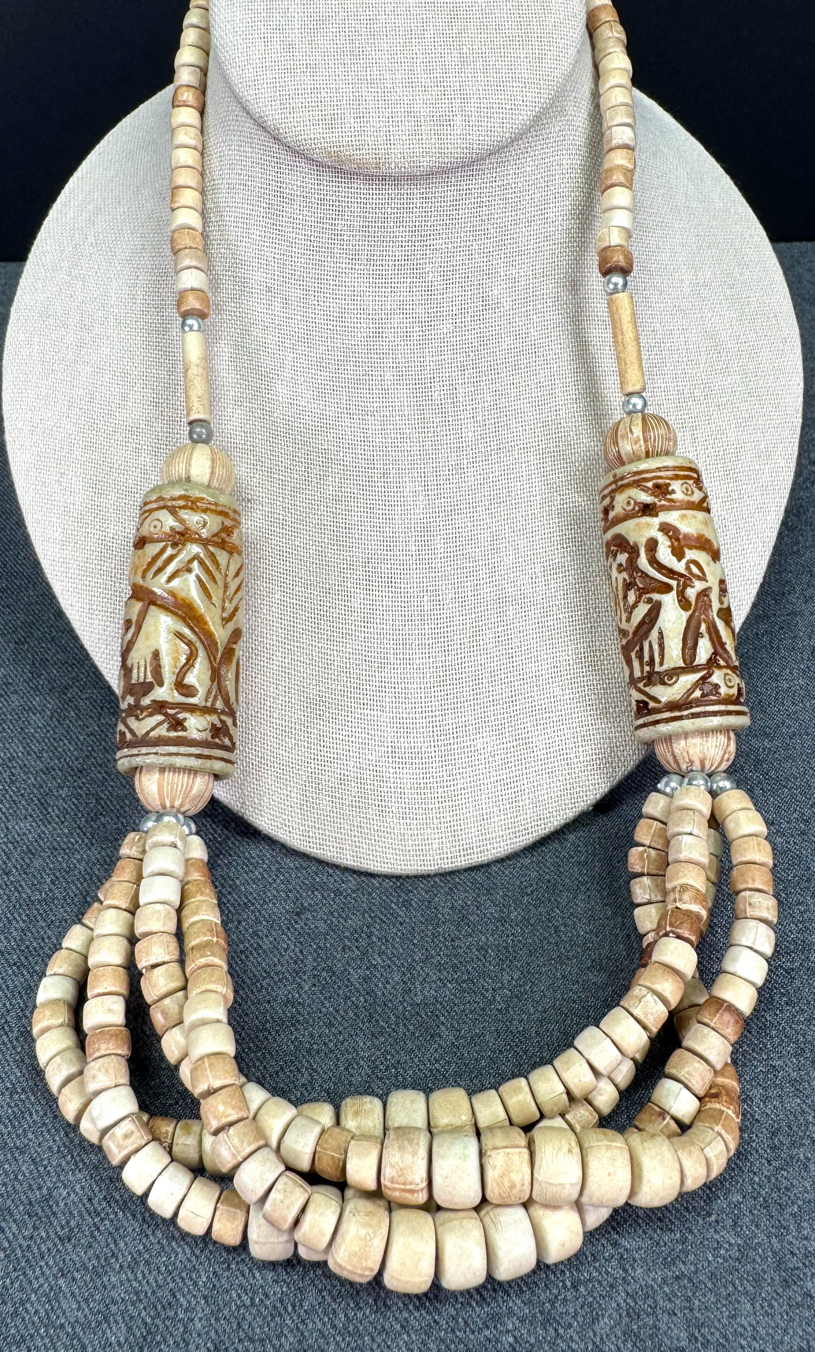 Vintage tribal style decorated large pottery, plastic beads necklace. (1 of 5)
