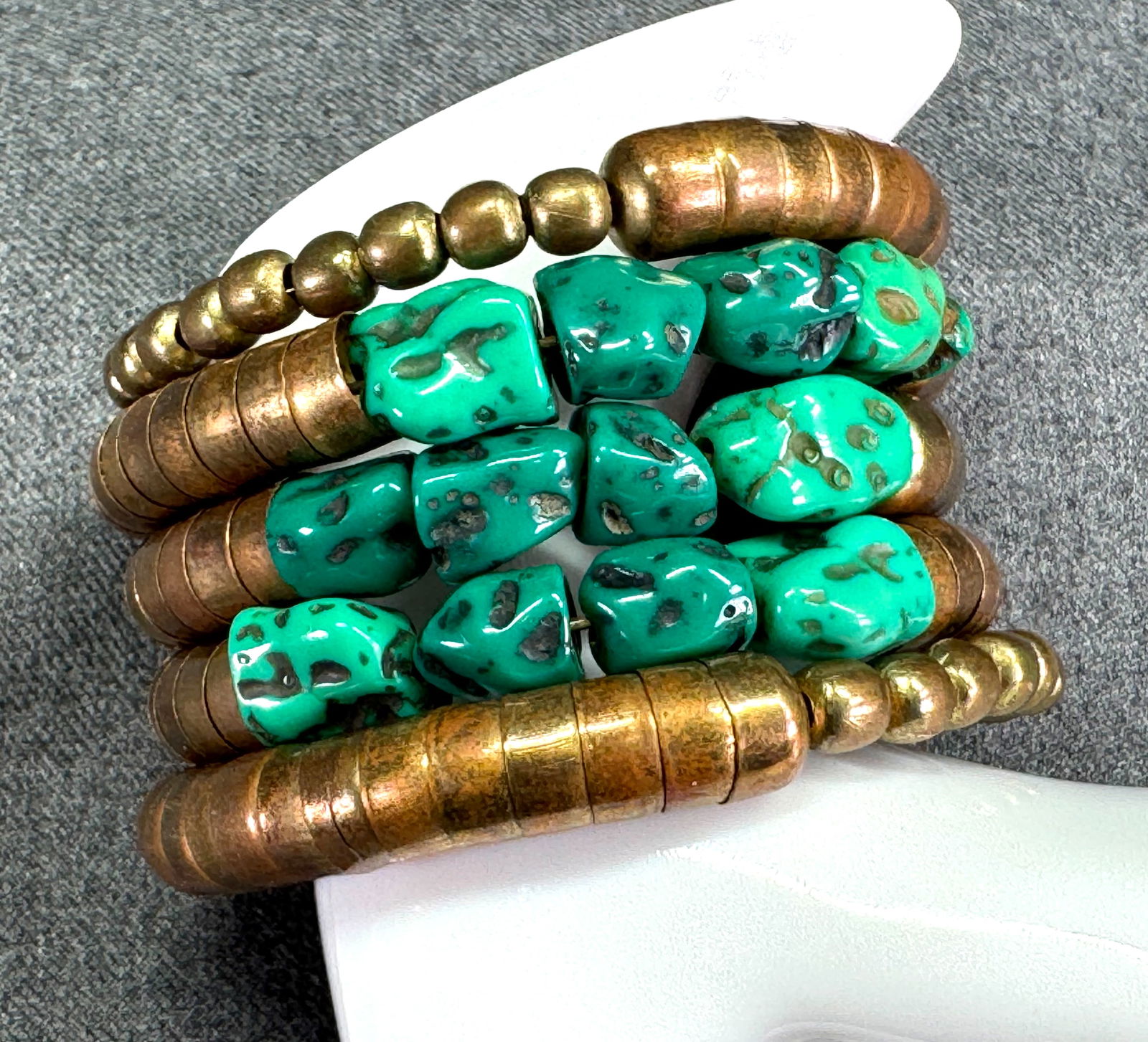 Vintage Egyptian revival green turquoise resin & brass beads snake wrap bracelet (1 of 11)