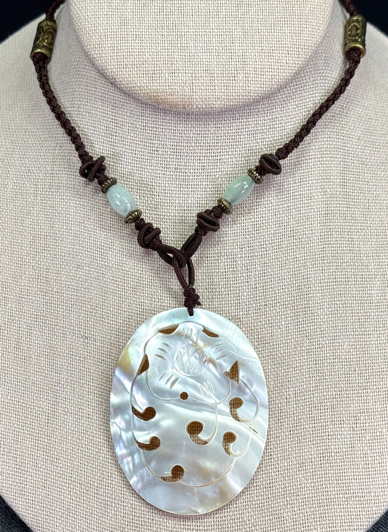 Vintage Cookie Lee chinese style caved MOP medallion macrame necklace (1 of 11)