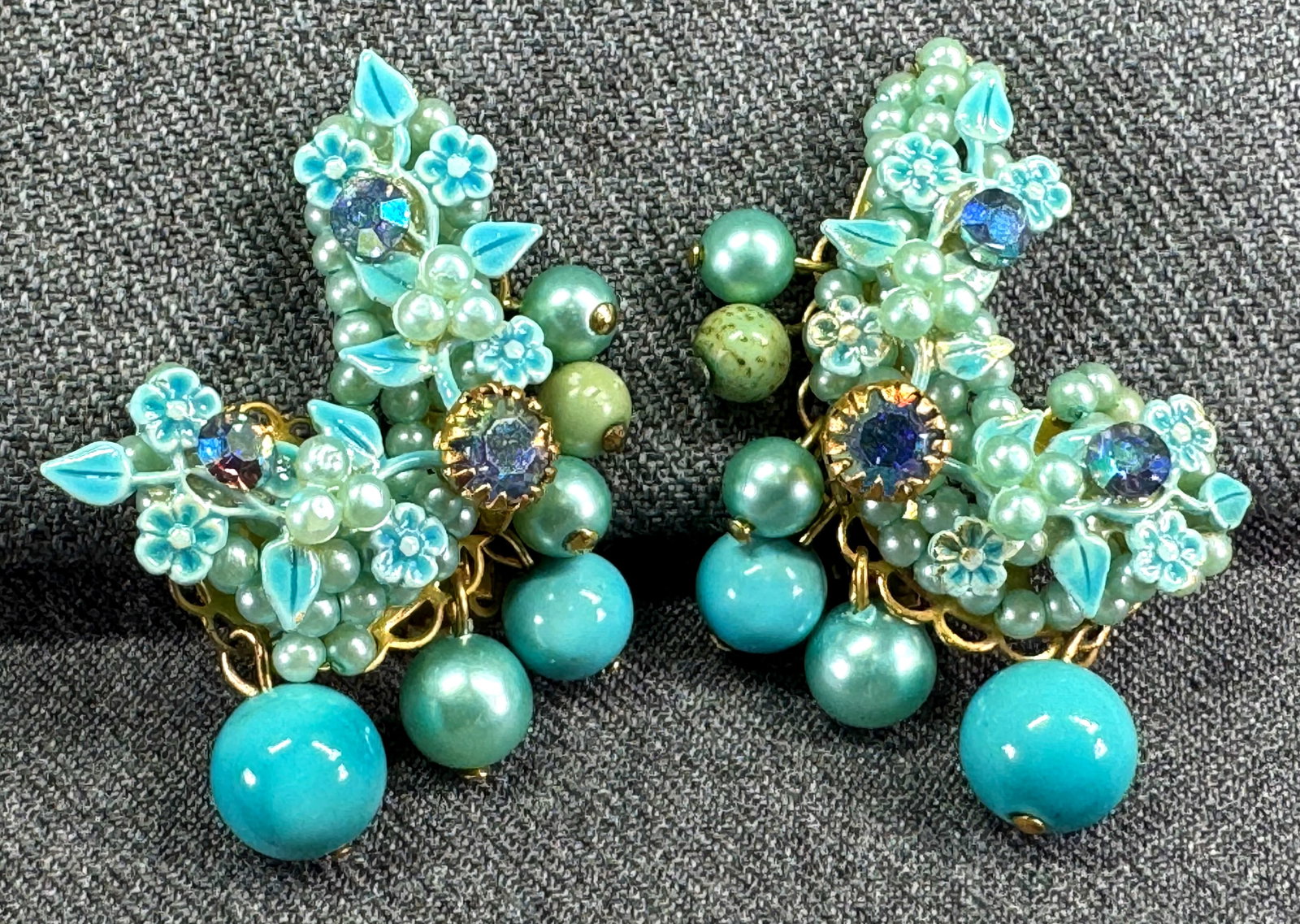 Vintage Haskell Style AB crystals & pearly enamel flowers goltone metal clip earrings with dangles (1 of 7)