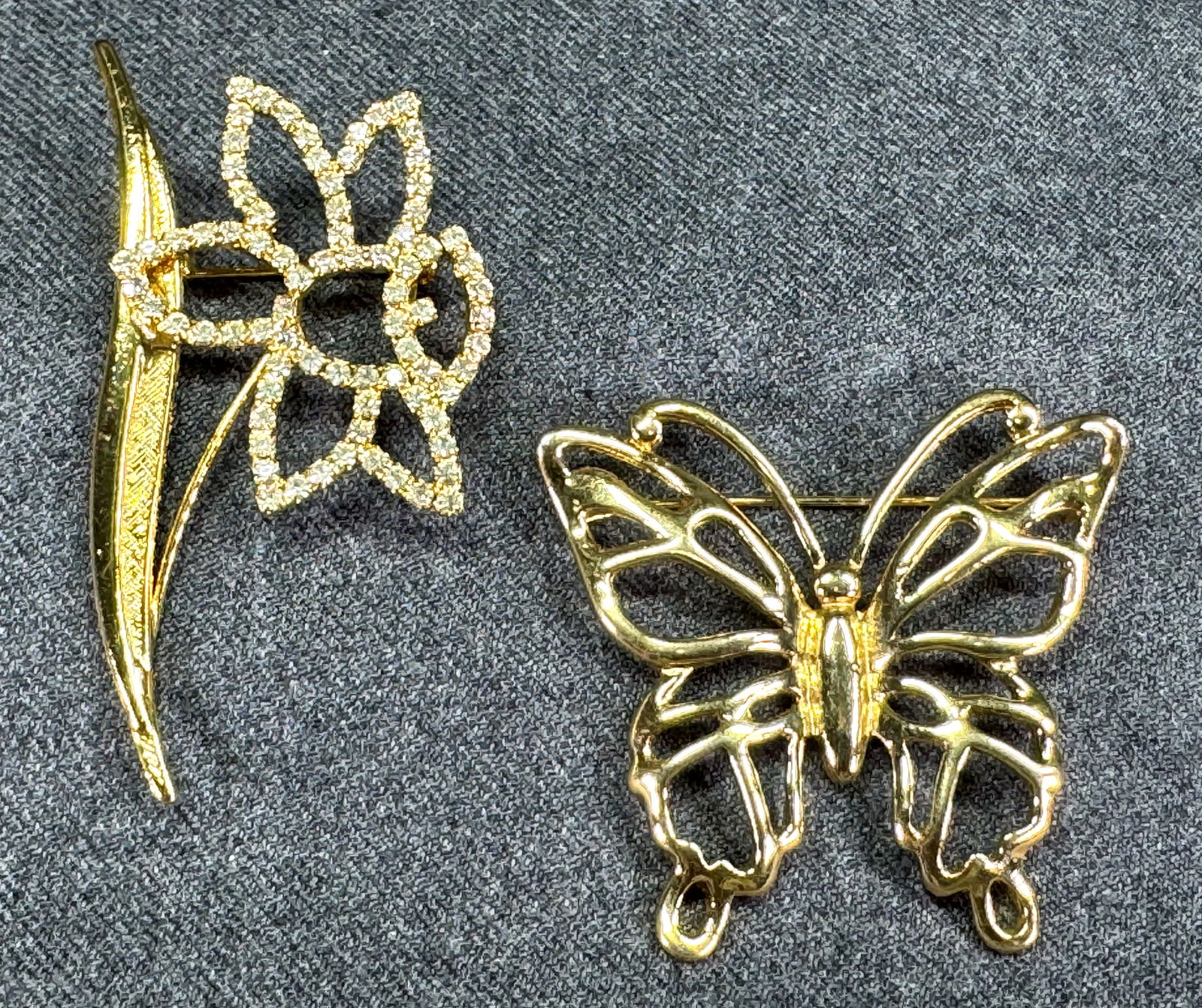 Vintage goldtone butterfly and clear rhinestones flower pin brooches (1 of 7)