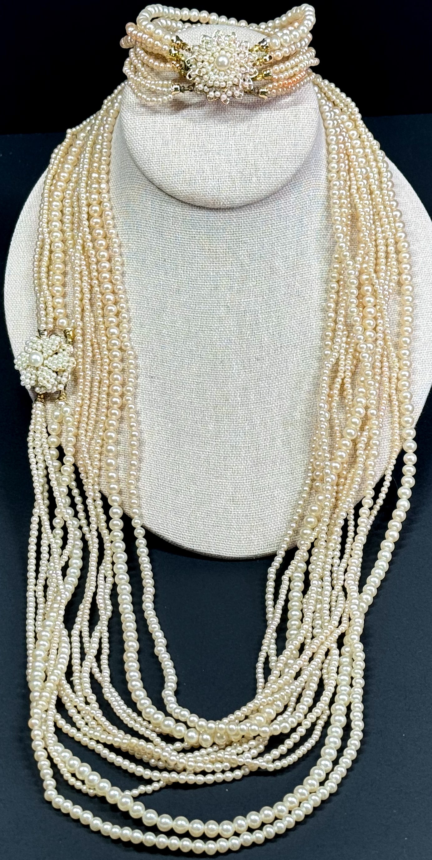 Vintage Japanese Haskell style pearly beads woven flower clasps multi stand necklace & bracelet (1 of 16)