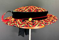 Vintage feather & velvet ribbon woven red. yellow & black woven raffia boater hat