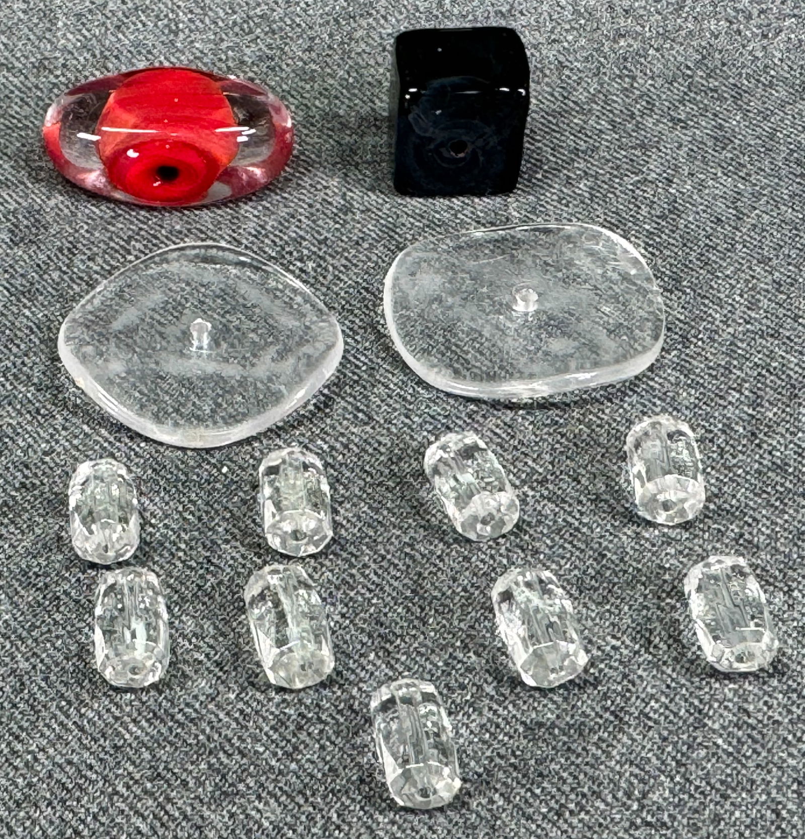 Artsy hand crafted 11 pieces of glass beads and 2 wavy rounded clear lucite beads. Lot of 13. (1 of 7)