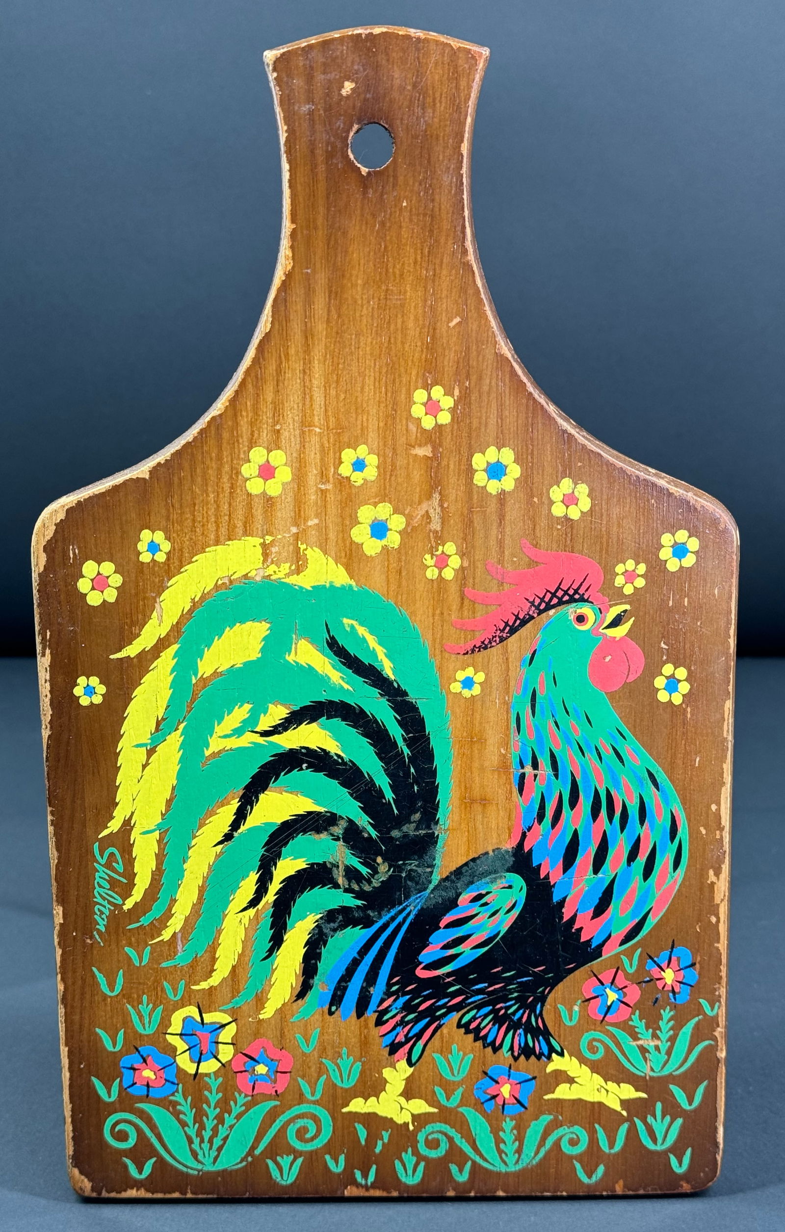Vintage Folk Art rooster with flowers hand painted wood cutting board. (1 of 8)