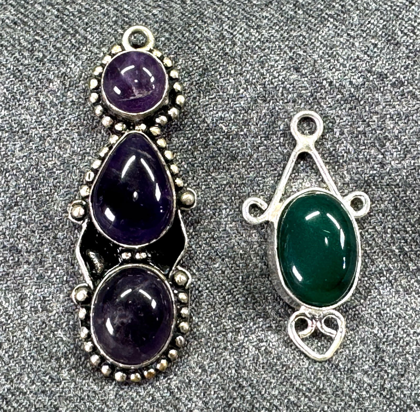 Assorted ethnic style green glass & amethyst stone silvertone pendants (1 of 7)