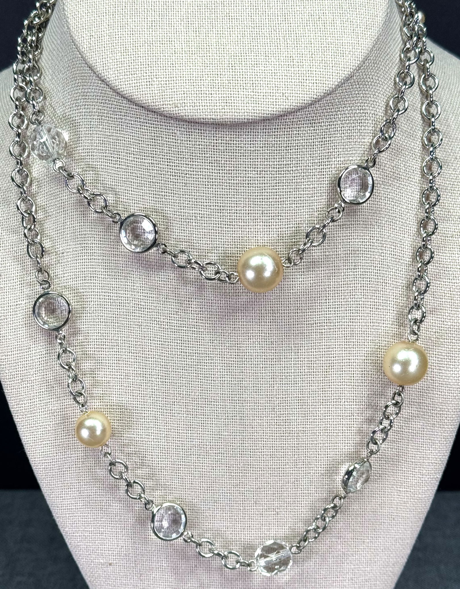 Vintage Rachel pearly, faceted crystal & bezel set beads silvertone 2  chain strands necklace (1 of 6)