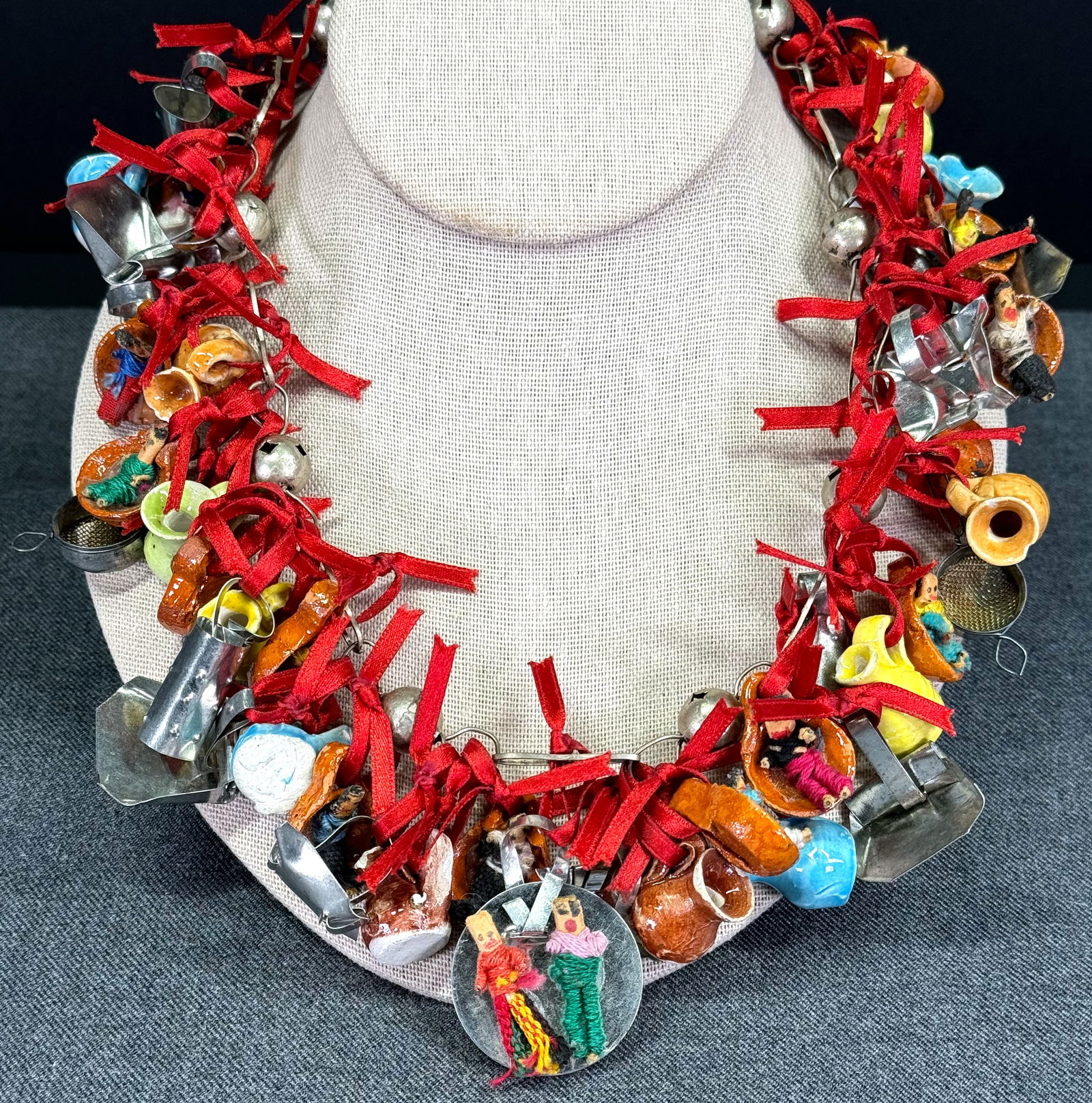 Vintage Guatemalan pottery & metal kitchen utensils, worry dolls & couple medallion wedding necklace (1 of 14)