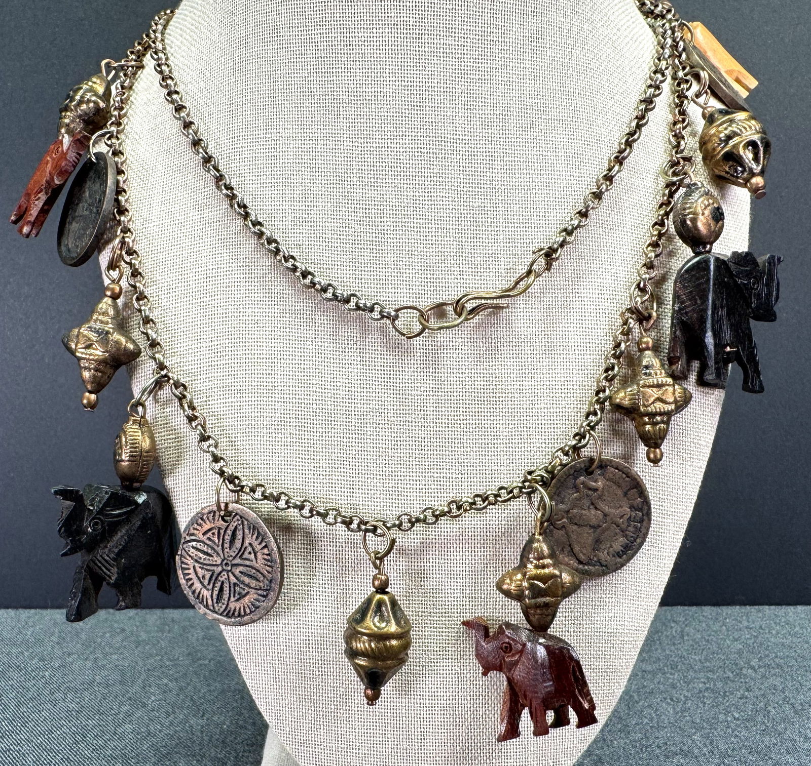 Vintage tribal copper color metal chain, beads, coins & wooden elephants dangles necklace (1 of 7)
