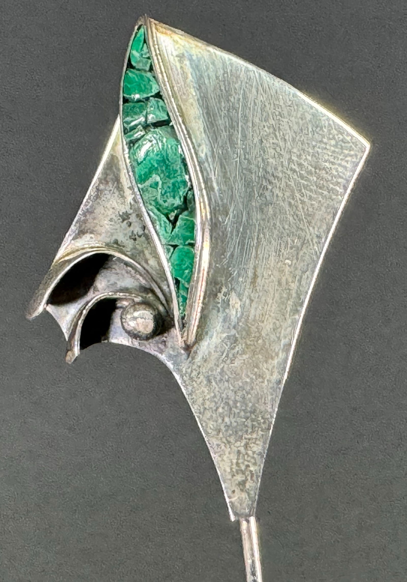 Vintage modernist signed MK inlaid malachite sterling silver stick pin. (1 of 11)