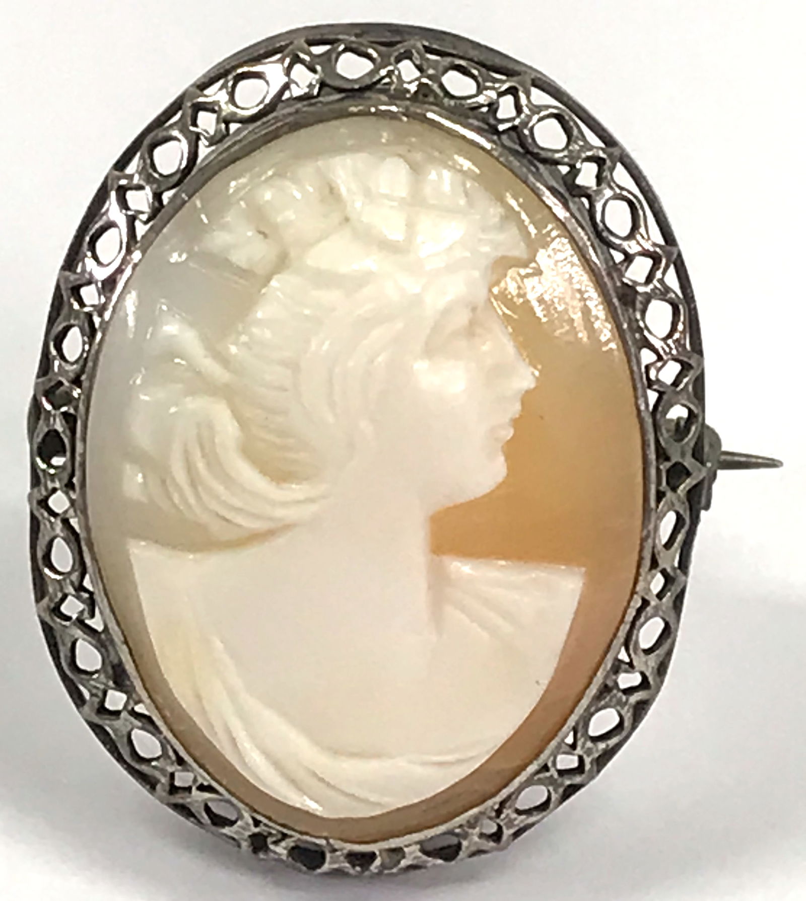 Vintage shell cameo filigree sterling silver setting brooch (1 of 7)