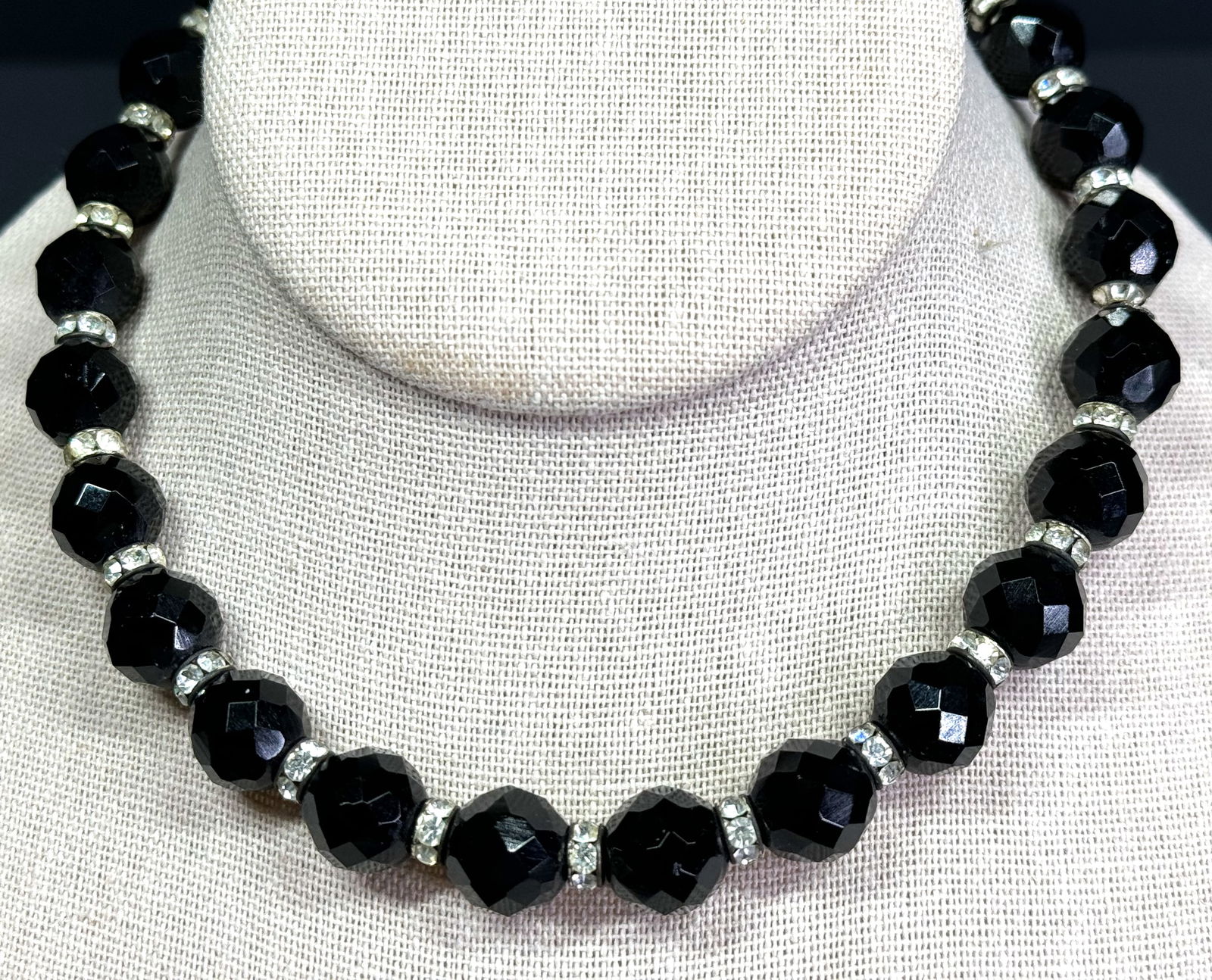 Vintage faceted black crystals beads, silvertone metal & clear rhinestones spacers choker necklace. (1 of 9)