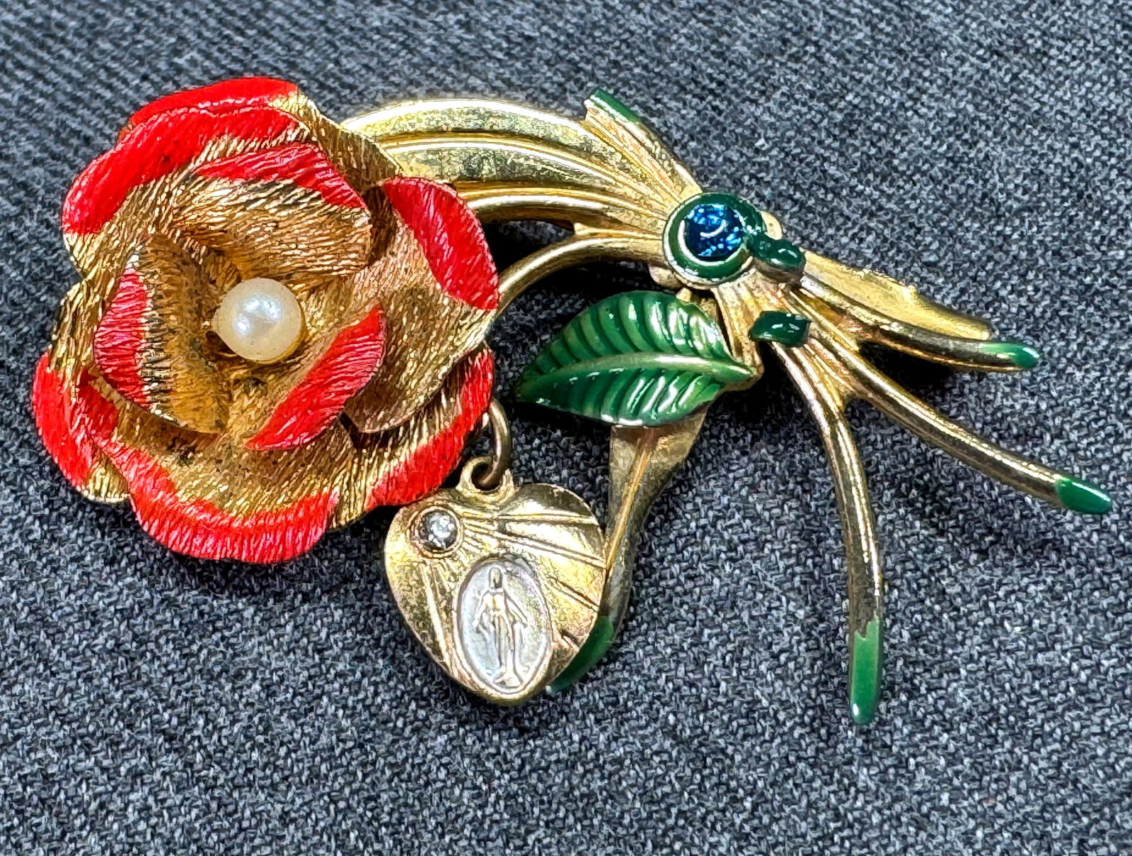 Vintage jeweled enamel goldtone metal flower pin broch with dangling Our Lady medal charm (1 of 9)