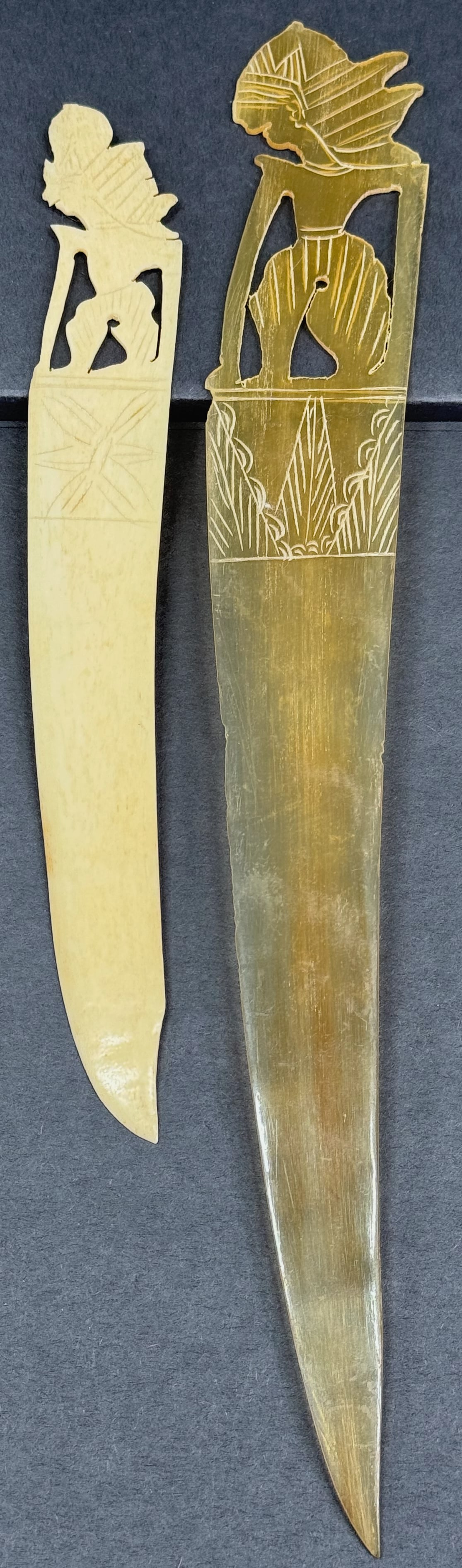 Vintage Indonesian Carved Buffalo Horn and Bone Figural Letter Openers.: Vintage Indonesian Carved Buffalo Horn and Bone Figural Letter Openers. For measures please refer to the pictures taken with a measuring tape. Weight: 25 Grams all. This is a NO RESERVE AUCTION: there