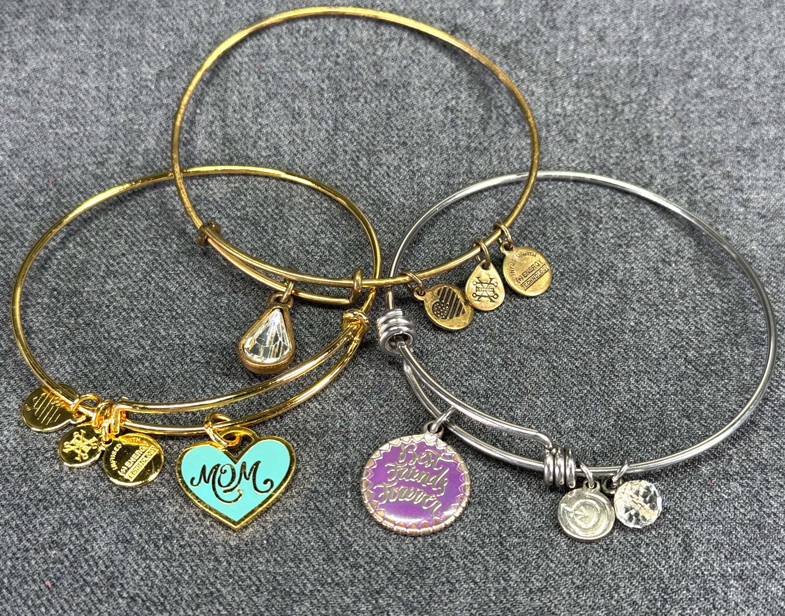 Mom and crystal dangle Alex and Ani goldtone + Best Friends unbranded silvertone bracelets (1 of 10)