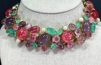 Vintage Juliana art glass cabochons & pearly beads goldtone choker necklace