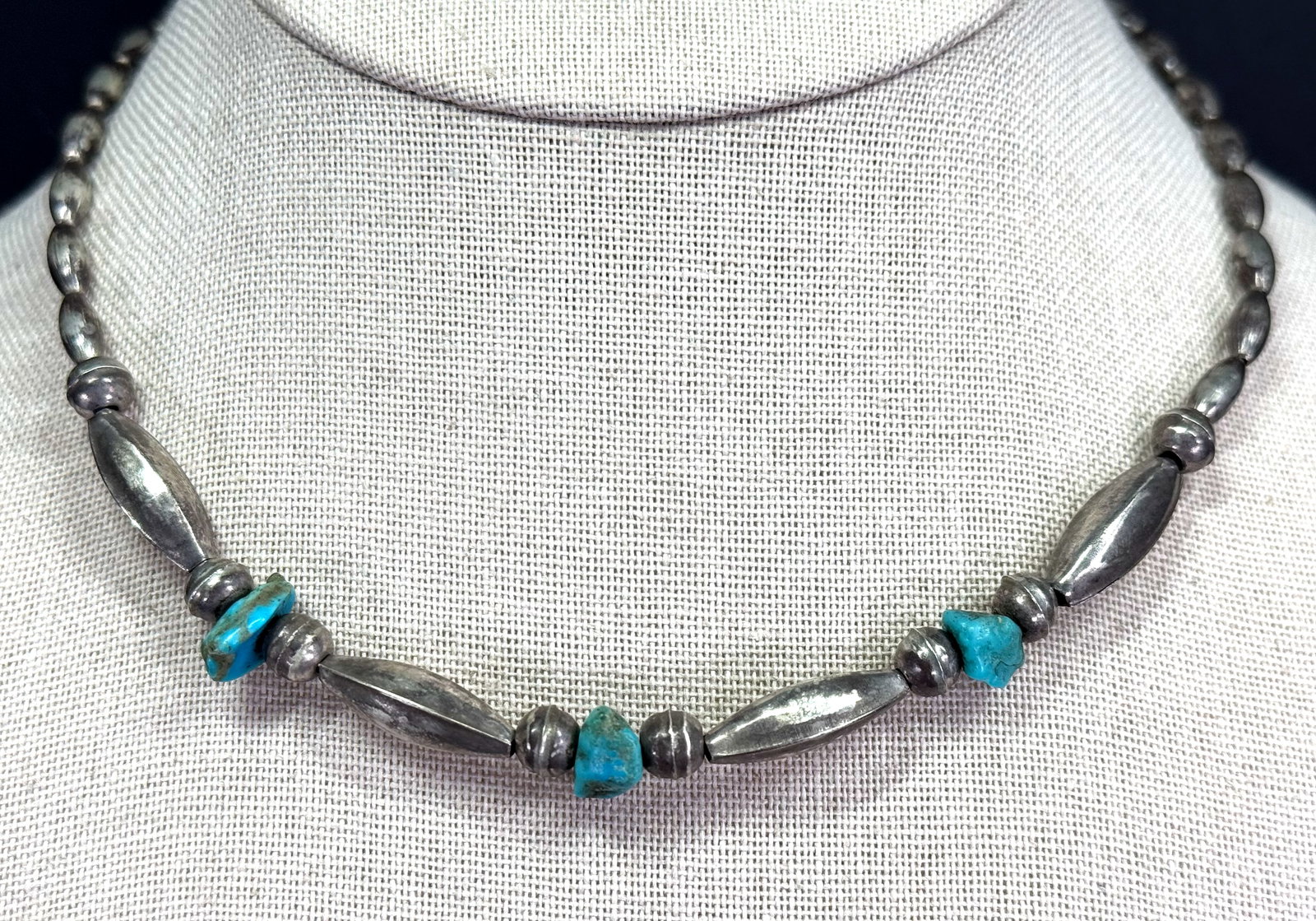Vintage Native American stabilized turquoise sterling silver beads choker necklace: Vintage Native American stabilized turquoise sterling silver beads choker necklace. For measures please refer to the pictures taken with a measuring tape. Weight: 14 Grams. IN HOUSE Estimated* shippin