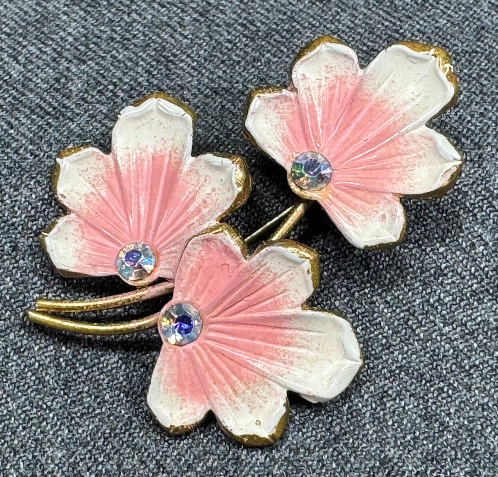 Vintage Austrian AB crystals enamel goldtone flowers pin brooch (1 of 7)