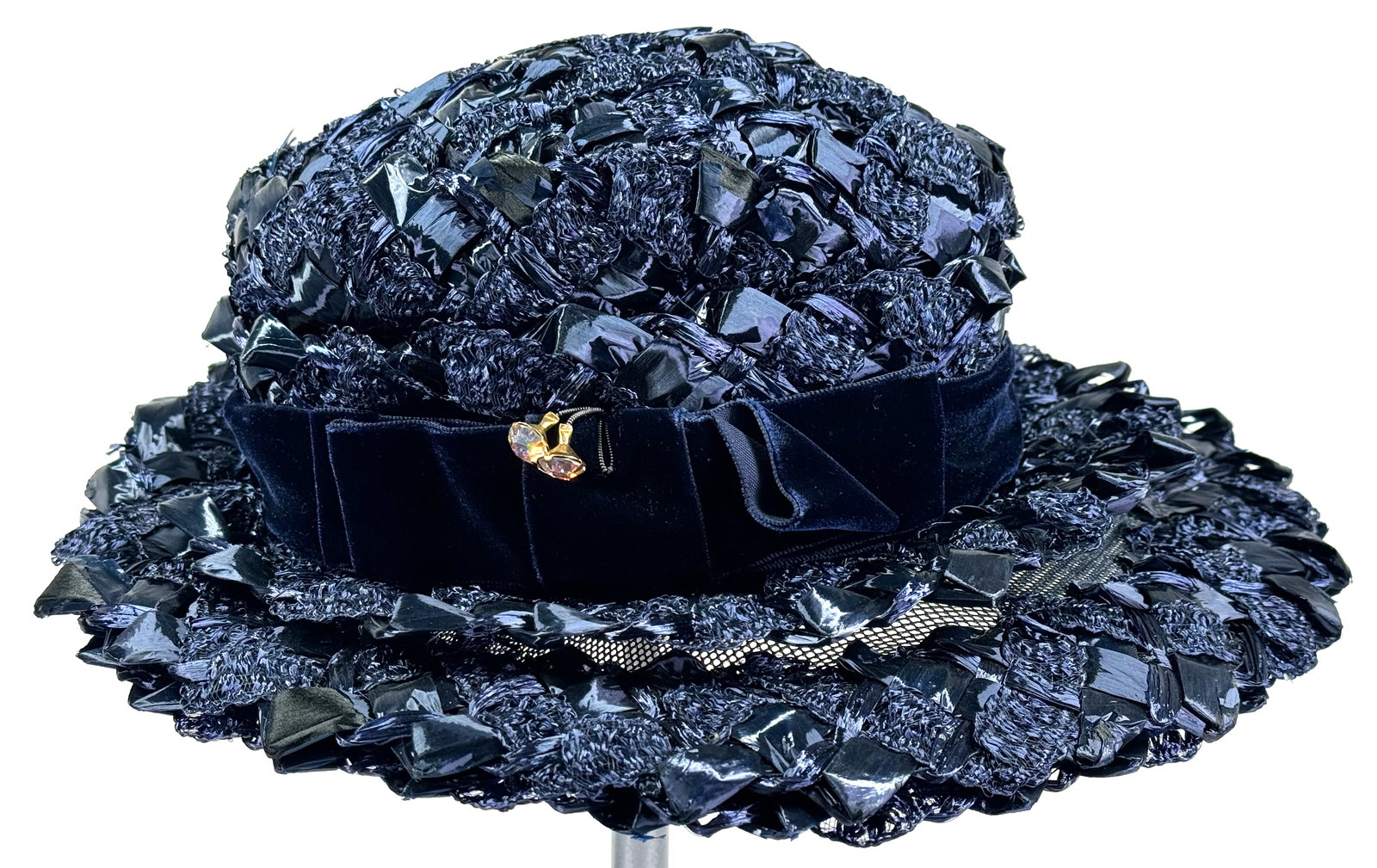 Vintage rhinestones goldtone metal buds dangles velvet ribbon trim & bow woven blue raffia hat (1 of 7)