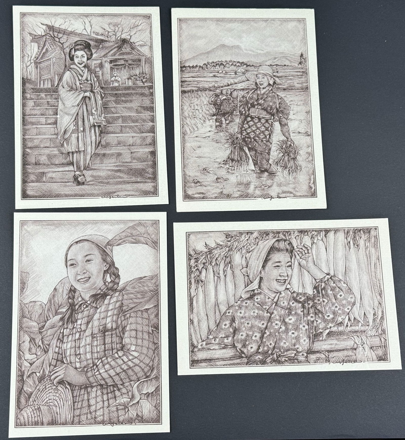 Vintage Japanese 50's Willy Seiler Art Postcards.Farmers beauty,Rice Planting, Ripe Tobacco,New Year (1 of 11)