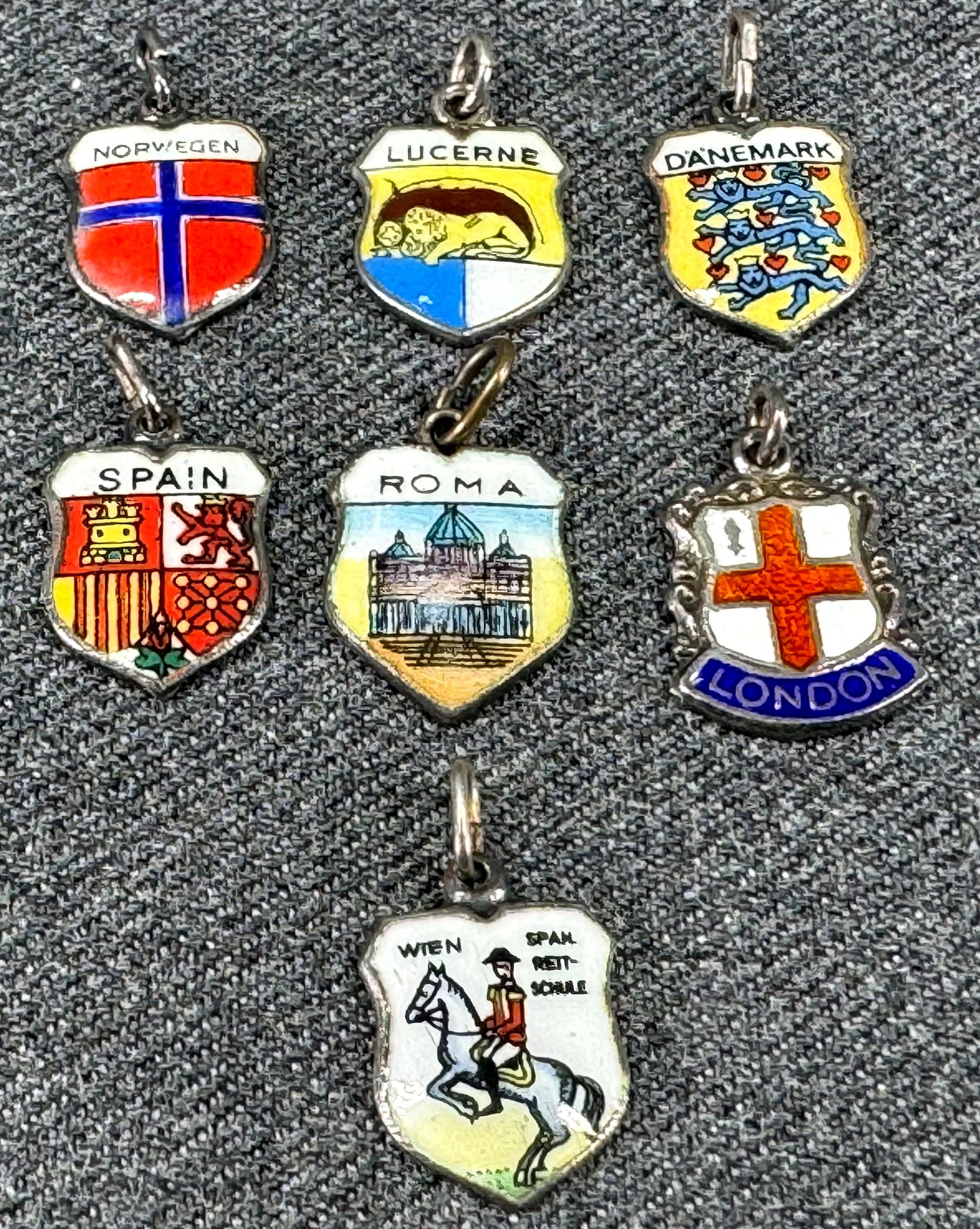 Vintage enamel sterling silver Norway Lucerne Denmark Spain Rome London Wein charms pendant.Lot of 7 (1 of 11)