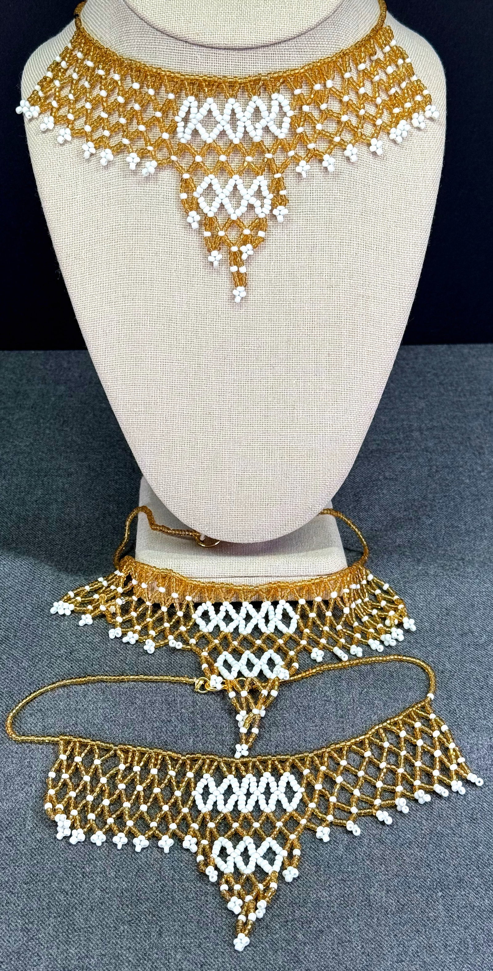 Vintage tribal style assorted beaded mesh bib collar necklaces. Lot of 3: Vintage tribal style assorted beaded mesh bib collar necklaces. Lot of 3. Unmarked. For measures please refer to the pictures taken with a measuring tape. Weight: 43 Grams. IN HOUSE Estimated* shippin