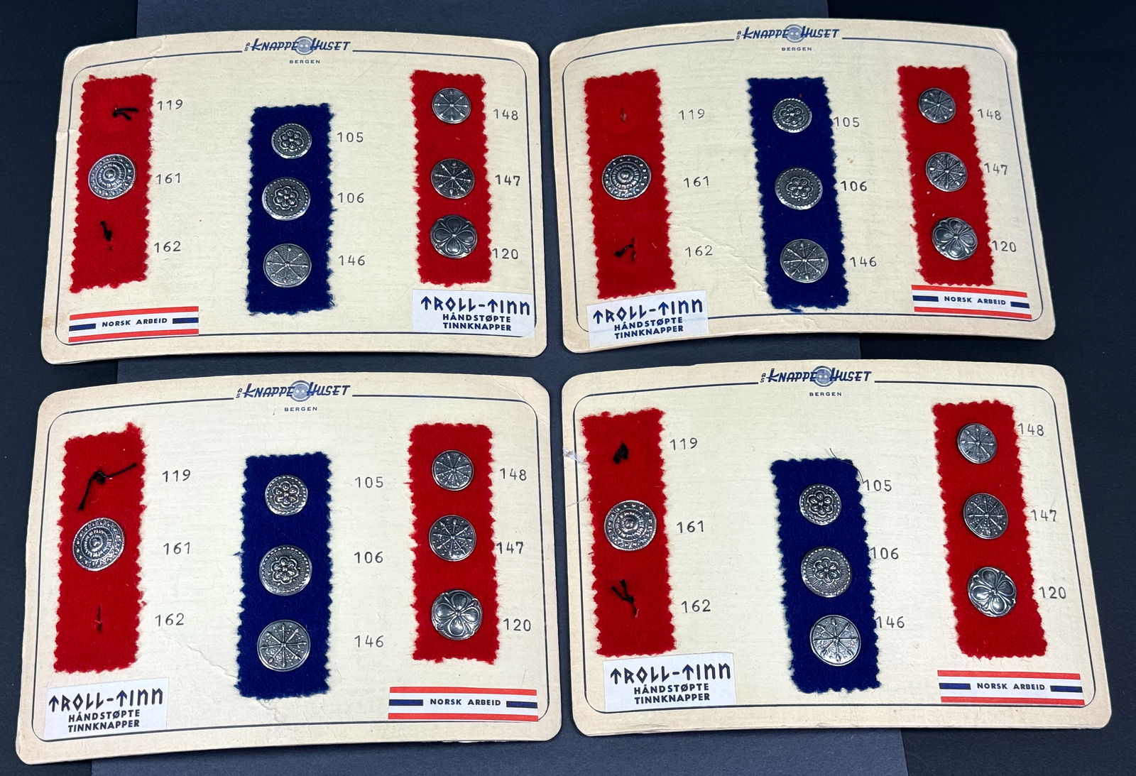 Vintage Troll-Tinn Norway Knappe Husset Pewter 28 Buttons. Unused in card.: Vintage Troll-Tinn Norway Knappe Husset Pewter 28 Buttons. Unused in card. Lot of 4 cardboard cards. This is a NO RESERVE AUCTION: there are no hidden or confidential reserves, all acceptable bidding