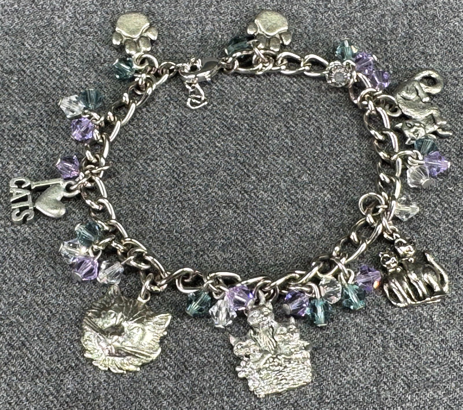 I love cats silvertone metal charms and purple & grey crystals dangles chain bracelet (1 of 10)